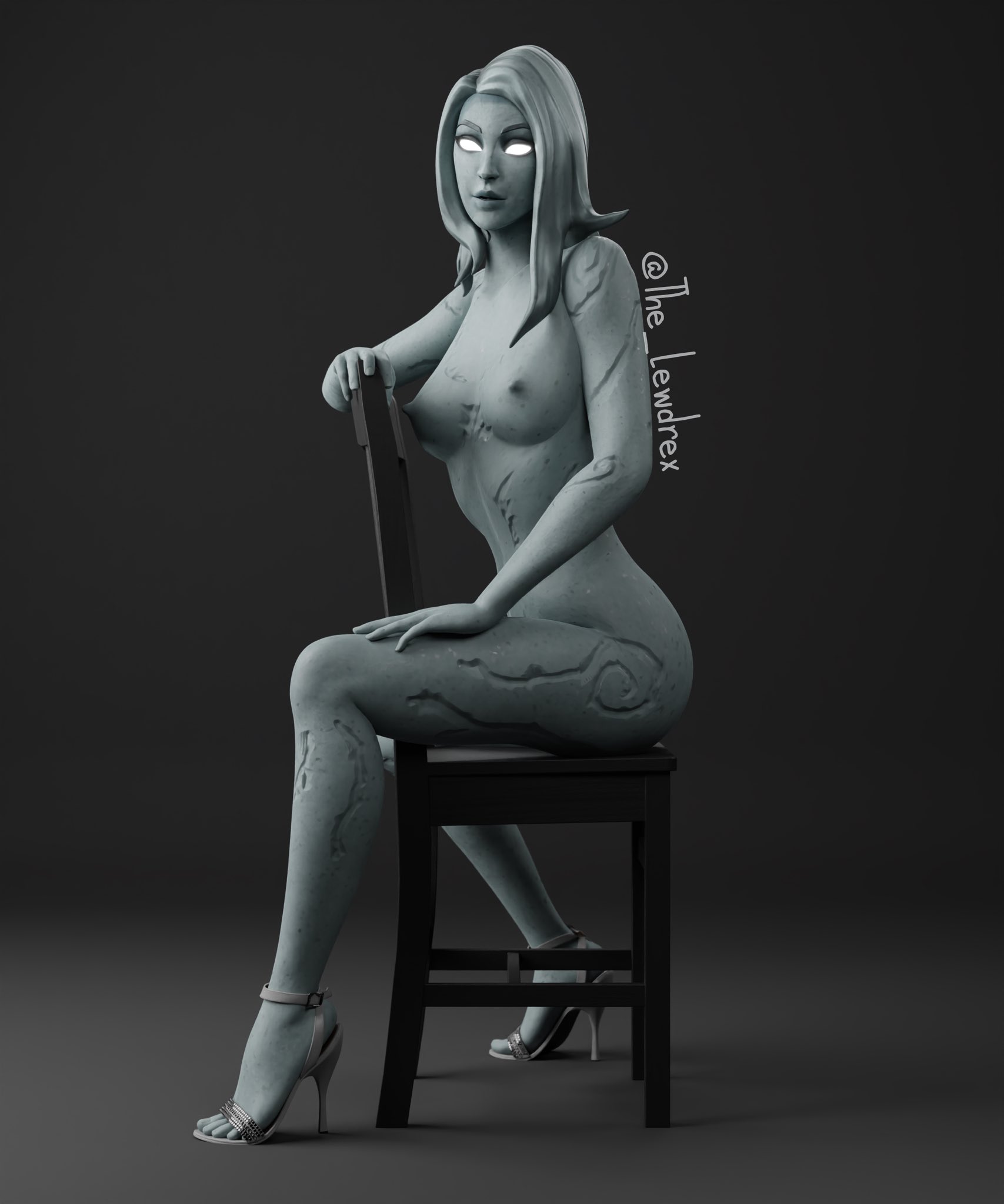 1girls, 3d, black background, breasts, female, fortnite, glowing eyes, golem, grey body, high heels, lewdrex, mineral fauna, mineral humanoid, naked footwear, naked heels, naked with shoes on, nude, photo (object), pose, posing, rock creature, rock humanoid, sitting, solo, solo female, solo focus, stone body, stone skin, stoneheart, tagme, white eyes