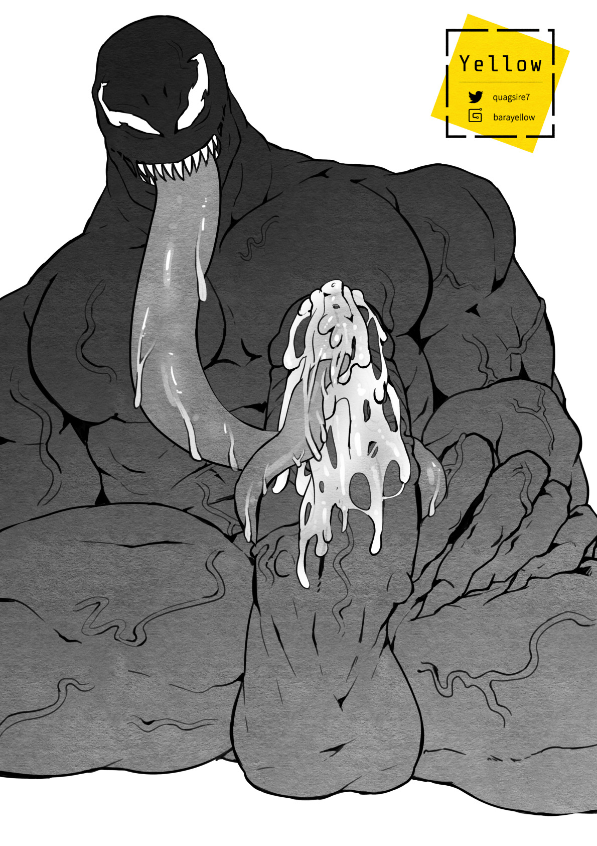 1boy, balls, big balls, big penis, boner, cum, cum on tongue, drool, drooling, erection, humanoid, looking at viewer, male, male only, marvel, marvel comics, muscles, penis, prehensile tongue, self lick, solo, solo male, spider-man (series), spread legs, tongue, tongue on penis, tongue out, veins, veiny arms, veiny muscles, veiny penis, venom, venom (marvel), yellowquagsire