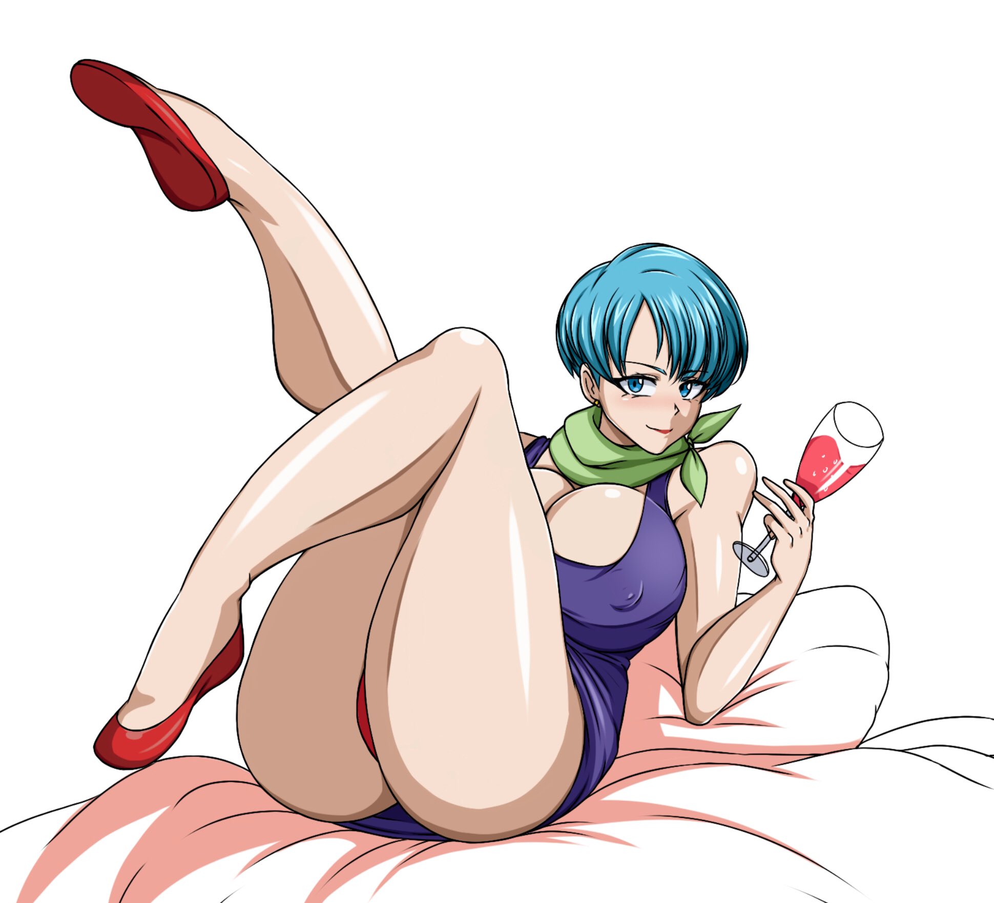 1girls, ass, big ass, big breasts, blue eyes, blue hair, breasts, bulma briefs, dragon ball, dragon ball z, dress, eye contact, female, huge breasts, huge thighs, large breasts, looking at viewer, mature female, milf, on bed, panties, shiny skin, short hair, shounen jump, thick thighs