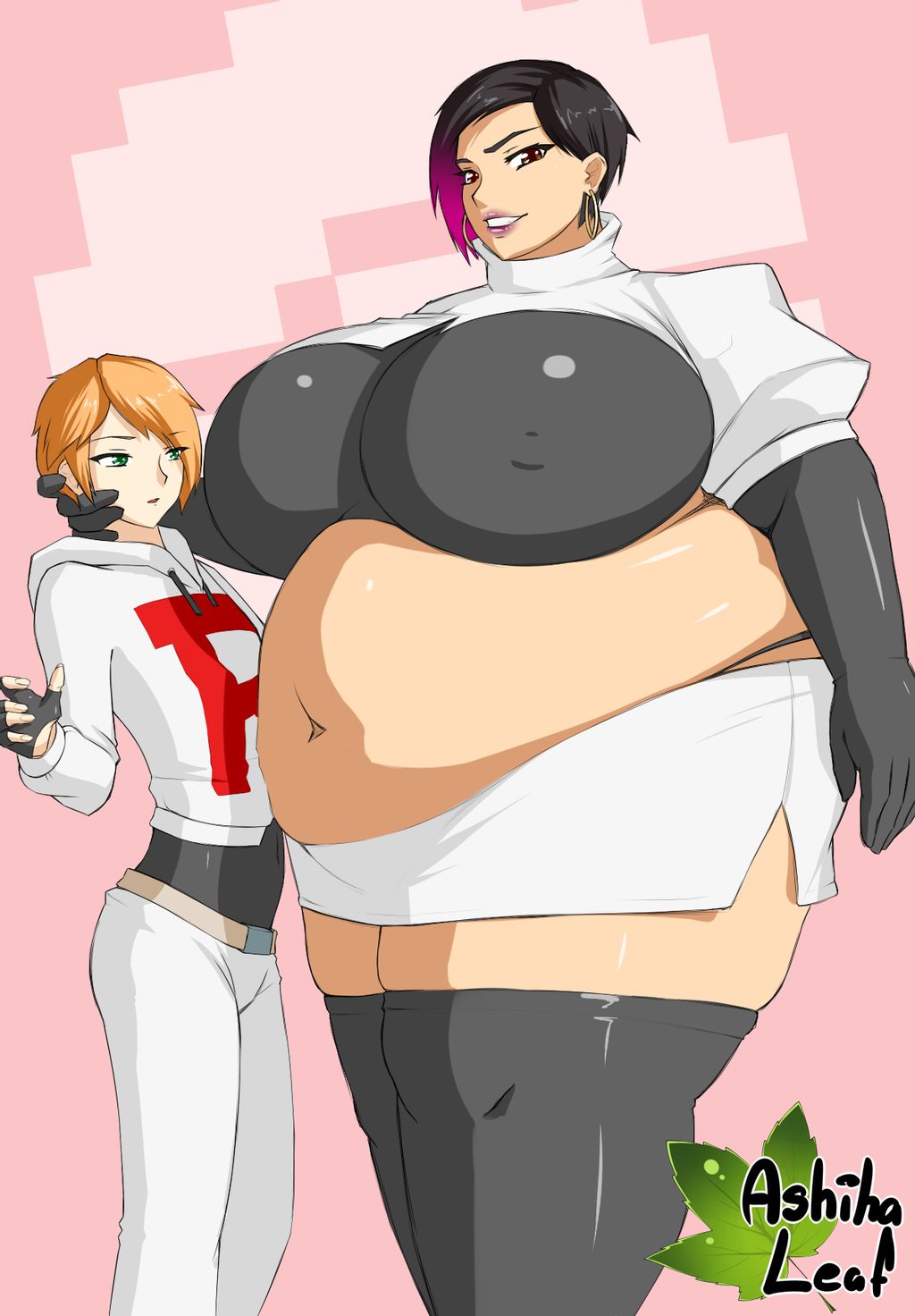 1boy 1girls ashiha_leaf bbw belly belly_overhang big_belly big_breasts black_hair breasts chubby clothed fat female femboy girly huge_belly huge_breasts lipstick love_handles male nonude obese obese_female orange_hair original_character overweight overweight_female pale-skinned_female pale-skinned_male plump pokemon round_belly short_hair size_difference ssbbw team_rocket team_rocket_uniform thick thick_thighs tights voluptuous wide_hips