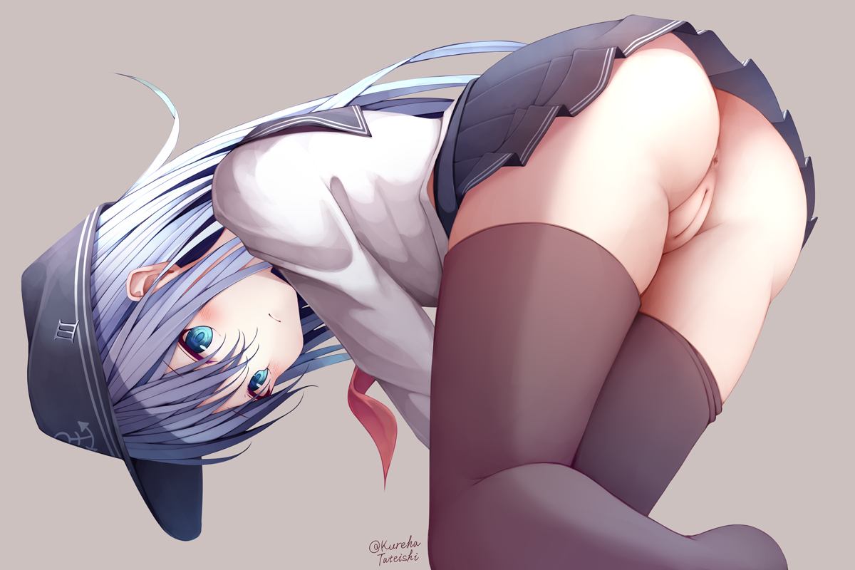 anchor symbol, anus, ass, bent over, black headwear, black legwear, black skirt, blue eyes, blush, closed mouth, eyebrows visible through hair, female, flat cap, hair between eyes, hamayuu (litore), hat, hibiki (kantai collection), innie pussy, kantai collection, long hair, long sleeves, neckerchief, pleated skirt, pussy, red neckwear, school uniform, serafuku, silver hair, skirt, solo, thighhighs, twitter username, uncensored, underwear, upskirt
