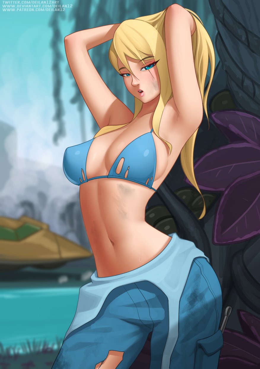 1girls, breasts, cleavage, deilan12, female, female only, female protagonist, looking at viewer, metroid, nintendo, samus aran, solo