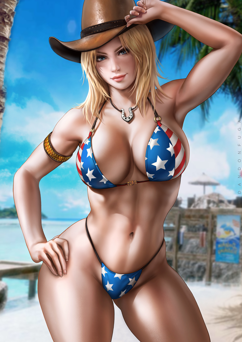 1girls, abs, american flag, american flag bikini, arm band, armlet, big breasts, bikini, breasts, cleavage, dandon fuga, dead or alive, female, female only, flag bikini, large breasts, muscles, muscular, muscular female, solo, thick thighs, tina armstrong