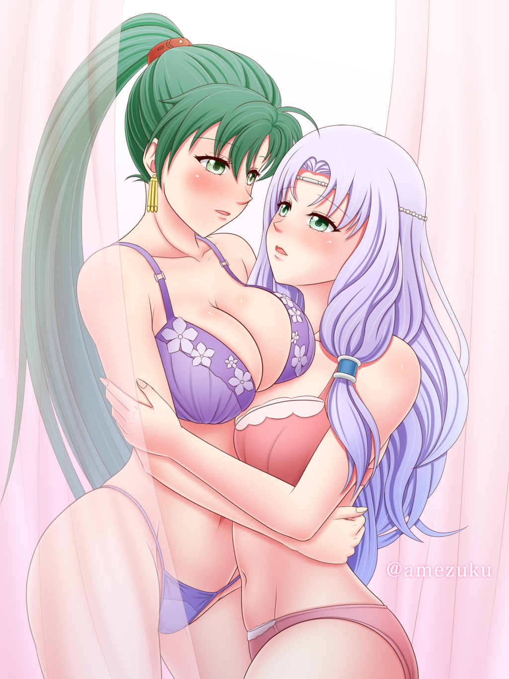 2girls, amezuku, blush, breasts, female, female only, fire emblem, fire emblem: the blazing blade, florina (fire emblem), green eyes, green hair, hug, hugging, large breasts, lingerie, long hair, lyn (fire emblem), multiple females, multiple girls, nintendo, pink lingerie, ponytail, purple hair, purple lingerie, see-through, thighs, underwear, wide hips, yuri