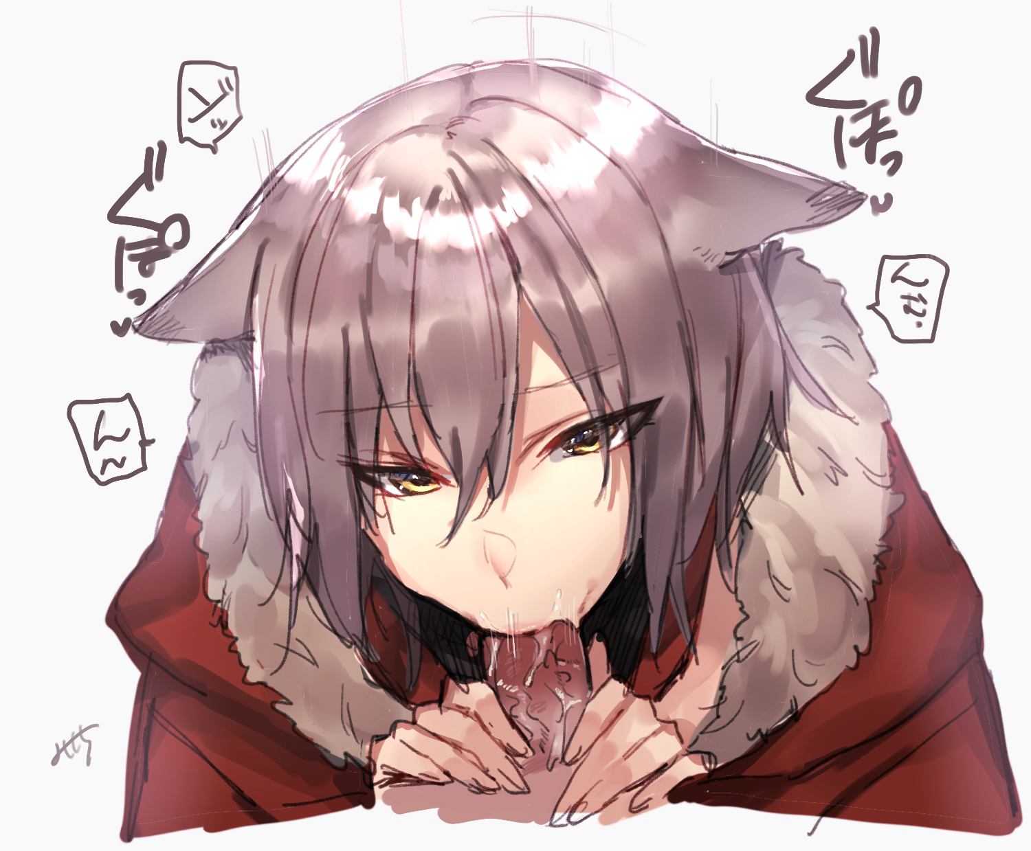 :>=, animal ears, arknights, blowjob, cute, eye contact, fellatio, female, grey hair, innocent, miyoichi (tjuc8378), oral, pov, projekt red (arknights), wolf ears, yellow eyes