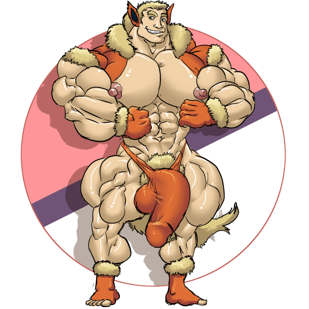 1boy abs barely_clothed big_muscles big_penis big_thighs bodybuilder eeveelution flareon fur furry huge_pecs huge_penis humanized hybrid male_only muk100 muscular muscular_male pokemon tagme