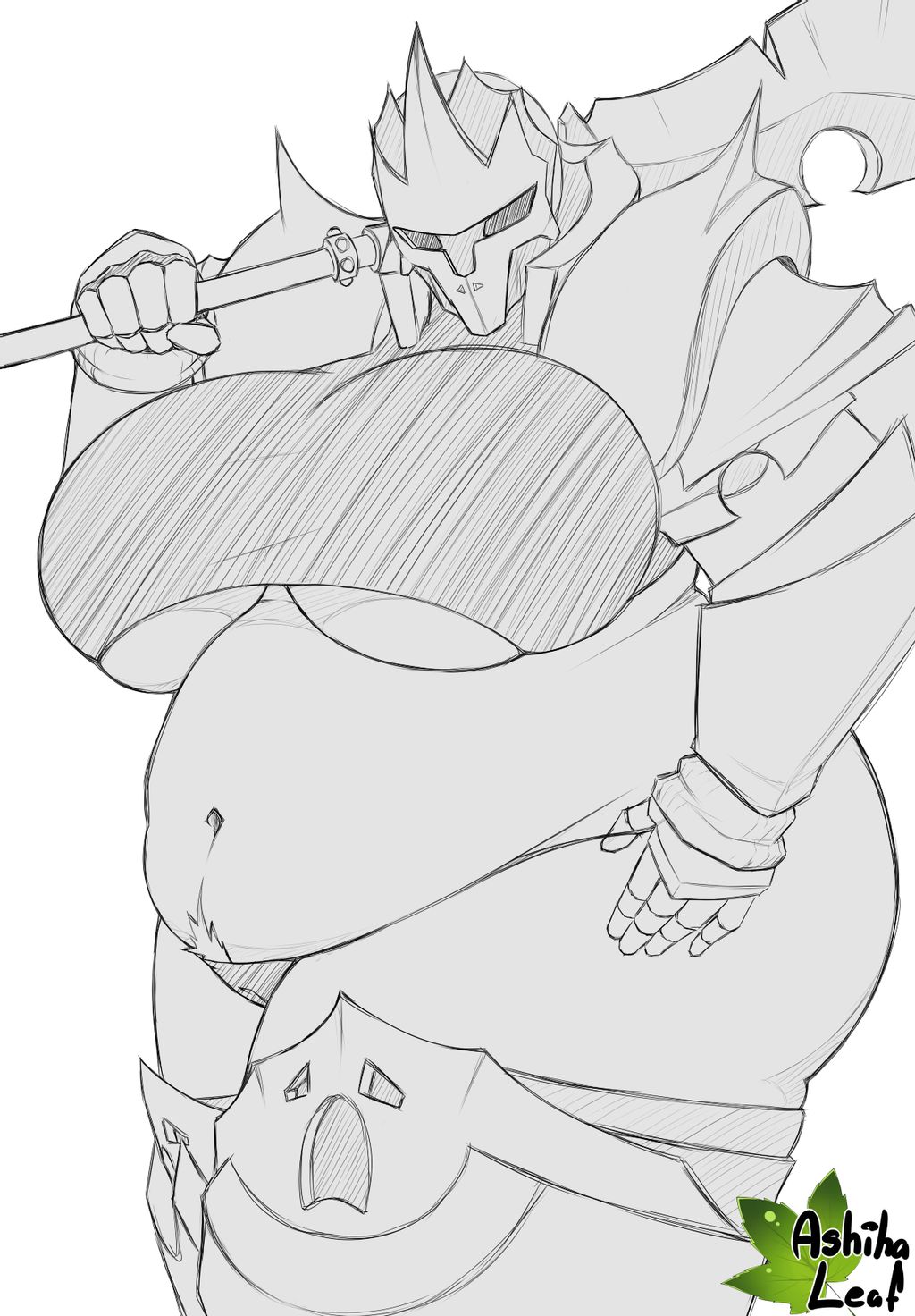 1girls armor ashiha_leaf bbw belly belly_overhang big_belly big_breasts bikini breasts cameltoe chubby clothed fat female huge_belly huge_breasts love_handles monochrome nonude obese obese_female original_character overweight overweight_female plump polearm pubic_hair round_belly sketch ssbbw thick thick_thighs tights underboob voluptuous wide_hips