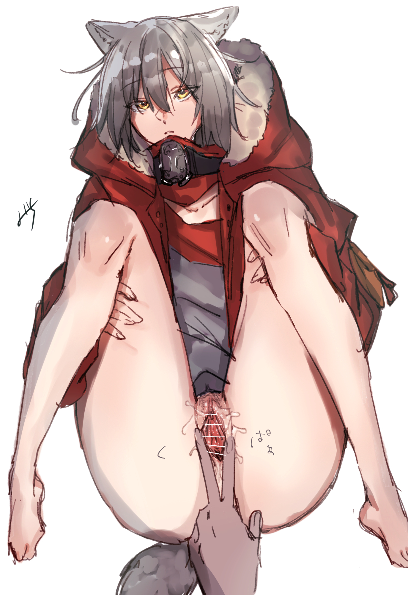 animal ears, arknights, censored, female, grey hair, juices, miyoichi (tjuc8378), projekt red (arknights), pubic hair, pussy, rubbing pussy, spread pussy, tail, wet, wet pussy, wetting, wolf ears, wolf tail, yellow eyes