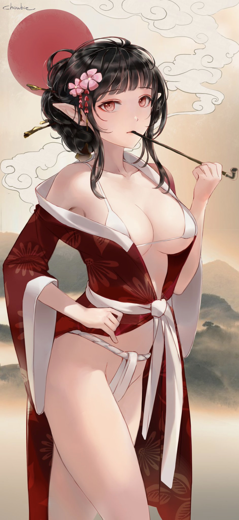 background, black hair, breasts, chowbie, clothed, female, fundoshi, hair ornament, kimono, kiseru, long ears, looking at viewer, medium breasts, medium hair, mountain, original character, pipe, red eyes, smoke, smoking, white bra