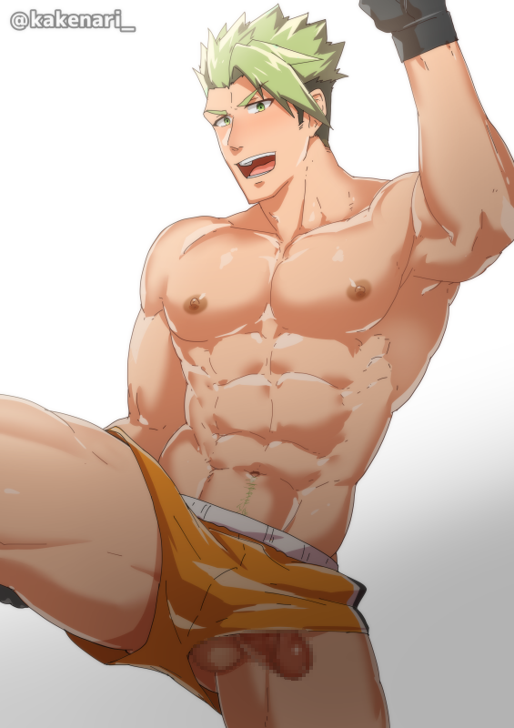 1boy abs achilles_(fate) alternate_costume bara censored chest fate/apocrypha fate_(series) green_eyes green_hair kakenari male male_focus male_only mosaic_censoring multicolored_hair muscle nipples pectorals penis_peek shirtless short_hair shorts solo thick_thighs thighs yellow_eyes