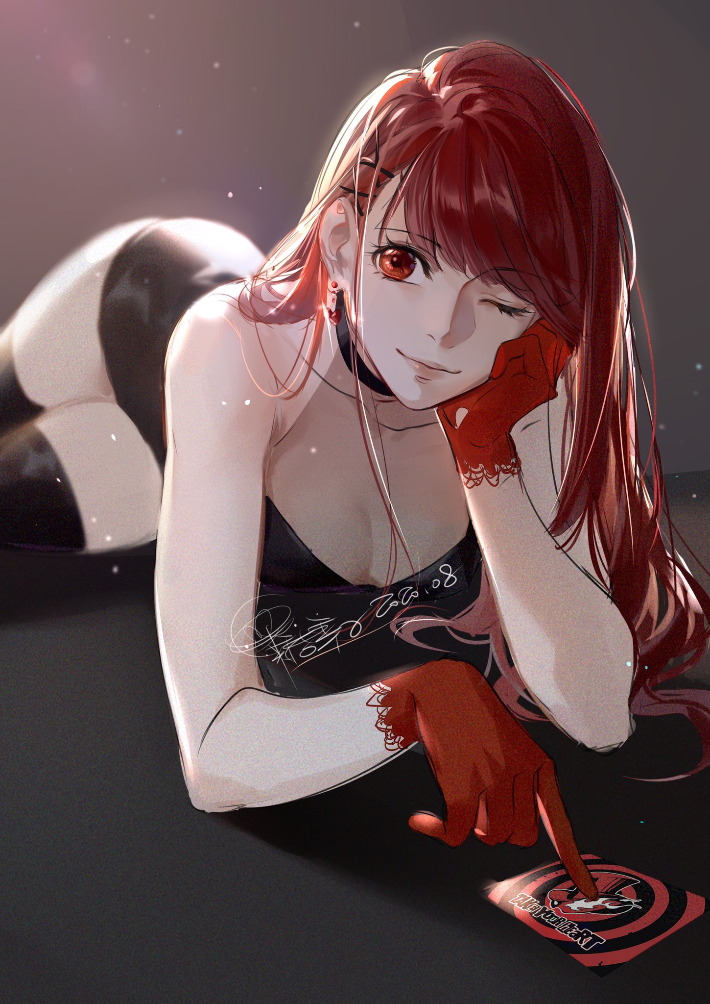 1girls, bangs, black dress, breasts, card, cleavage, earrings, female, hair clips, highres, kasumi yoshizawa, lips, long hair, looking at viewer, medium breasts, persona, persona 5, persona 5 royal, red eyes, red gloves, red hair, rinv krs, smile, solo, sumire yoshizawa, thighhighs, wink
