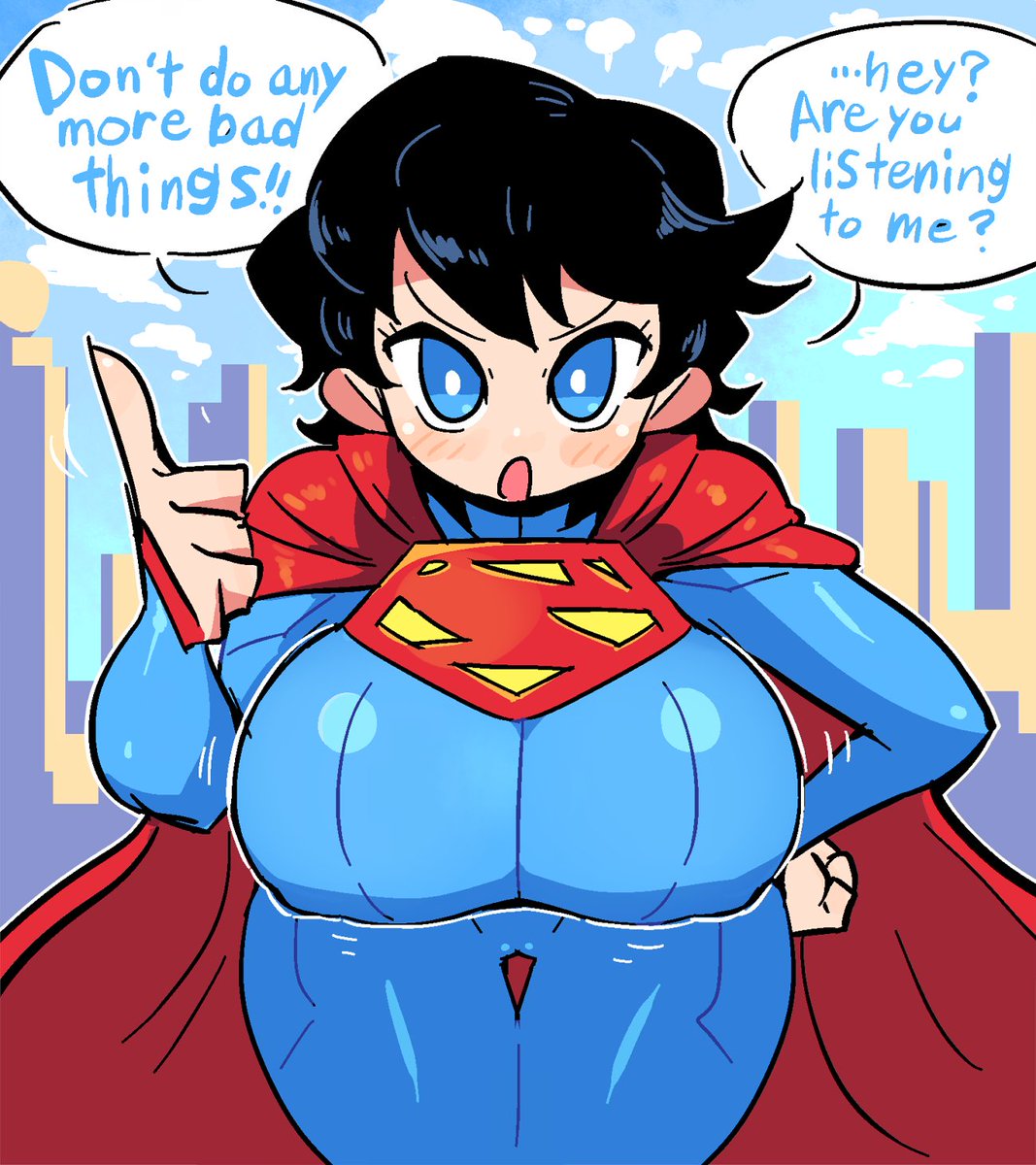 1girls big_breasts black_hair blue_eyes bouncing_breasts breasts clara_kent cleavage crap-man cute dc english_text female female_only huge_breasts looking_at_viewer nipple_bulge rule_63 short_hair solo speech_bubble superheroine superman_(series) superwoman