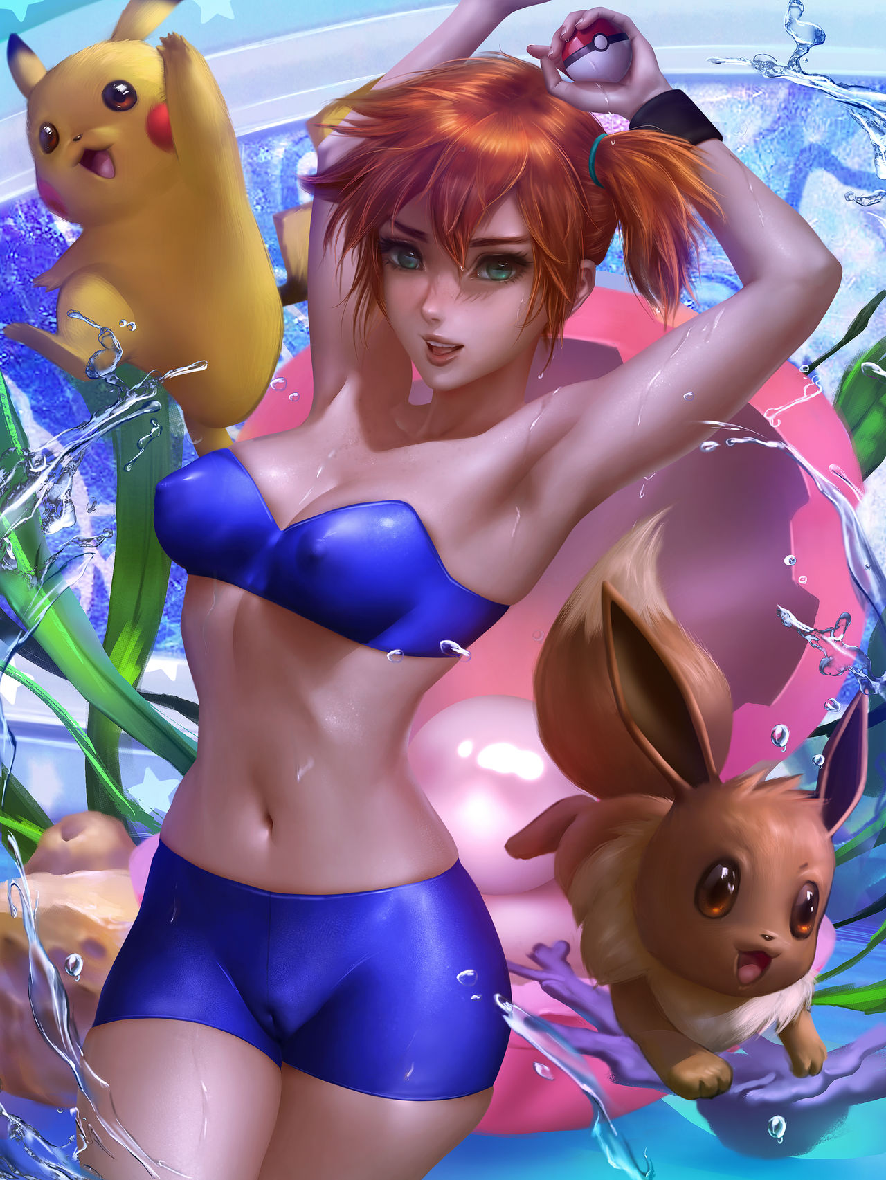 alternate costume, armpits, arms up, cameltoe, eevee, erect nipples, erect nipples under clothes, female, kasumi (pokemon), logan cure, misty (pokemon), nintendo, nipples, pikachu, pokémon (species), pokemon, pokemon (species), pussy, realistic, skin tight