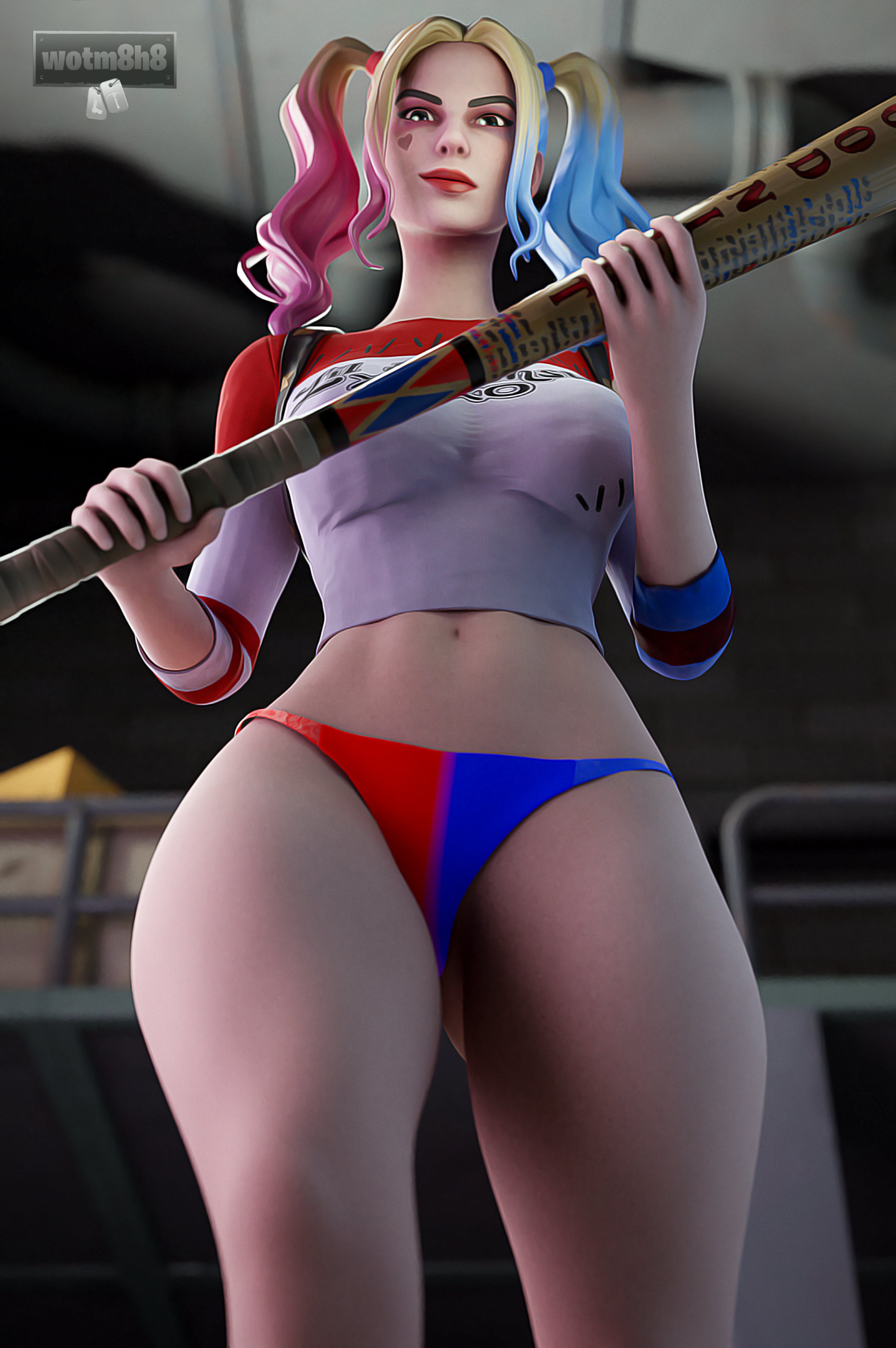 1girls, 3d, 3d (artwork), baseball bat, batman (series), breasts, dc, dc comics, female, female only, fortnite, fortnite:, fortnite: battle royale, harley quinn, harley quinn (fortnite), lipstick, medium breasts, panties, partially clothed, pigtails, solo, submissive pov, suicide squad, suicide squad (2016), tagme, wotm8h8