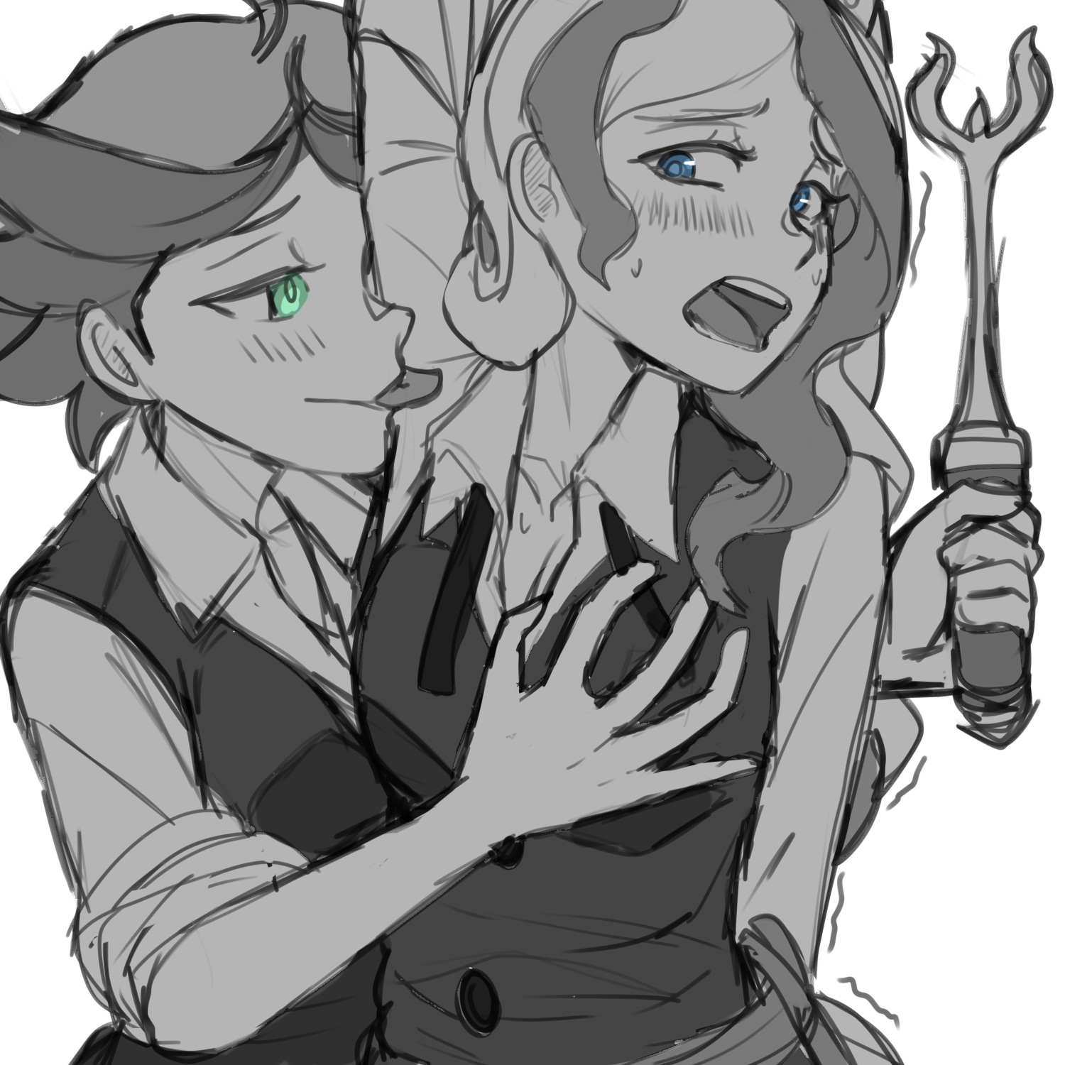 amanda o'neill, armpit licking, blue eyes, blush, breast grab, breasts, diana cavendish, female, green eyes, groping, groping breast, groping through clothes, licking, licking armpit, little witch academia, mac a, magic wand, monochrome, open mouth, school uniform, white background, yuri
