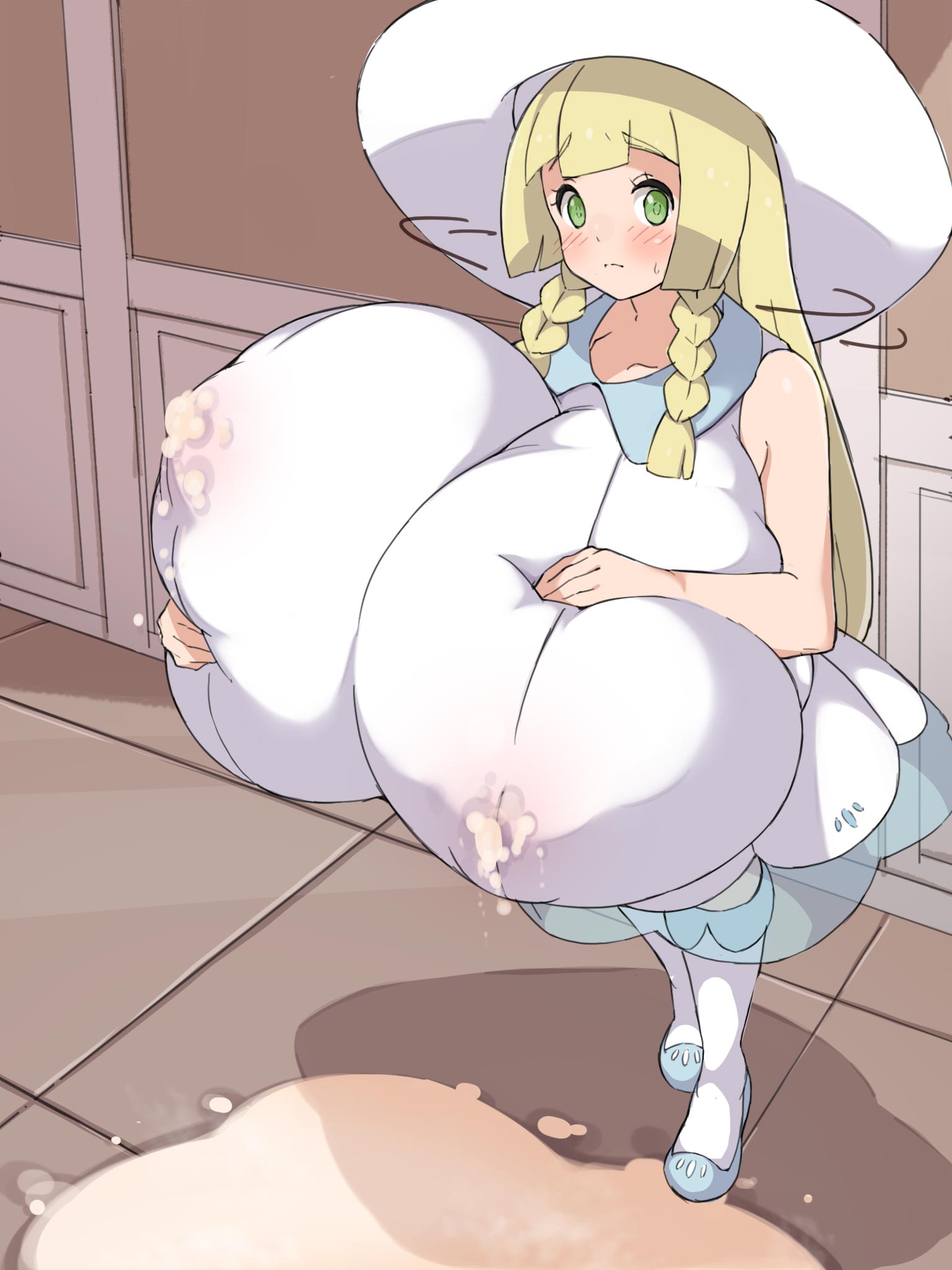 1girls, alternate breast size, blonde hair, blush, breast milk, breasts, dress, excessive breast milk, female, green eyes, hat, human, hyper, hyper breasts, lactation, lactation through clothes, light skin, light-skinned female, lillie (pokemon), long hair, nintendo, pale skin, pale-skinned female, pokemon, pokemon sm, sabonbold, stockings, top heavy, white dress