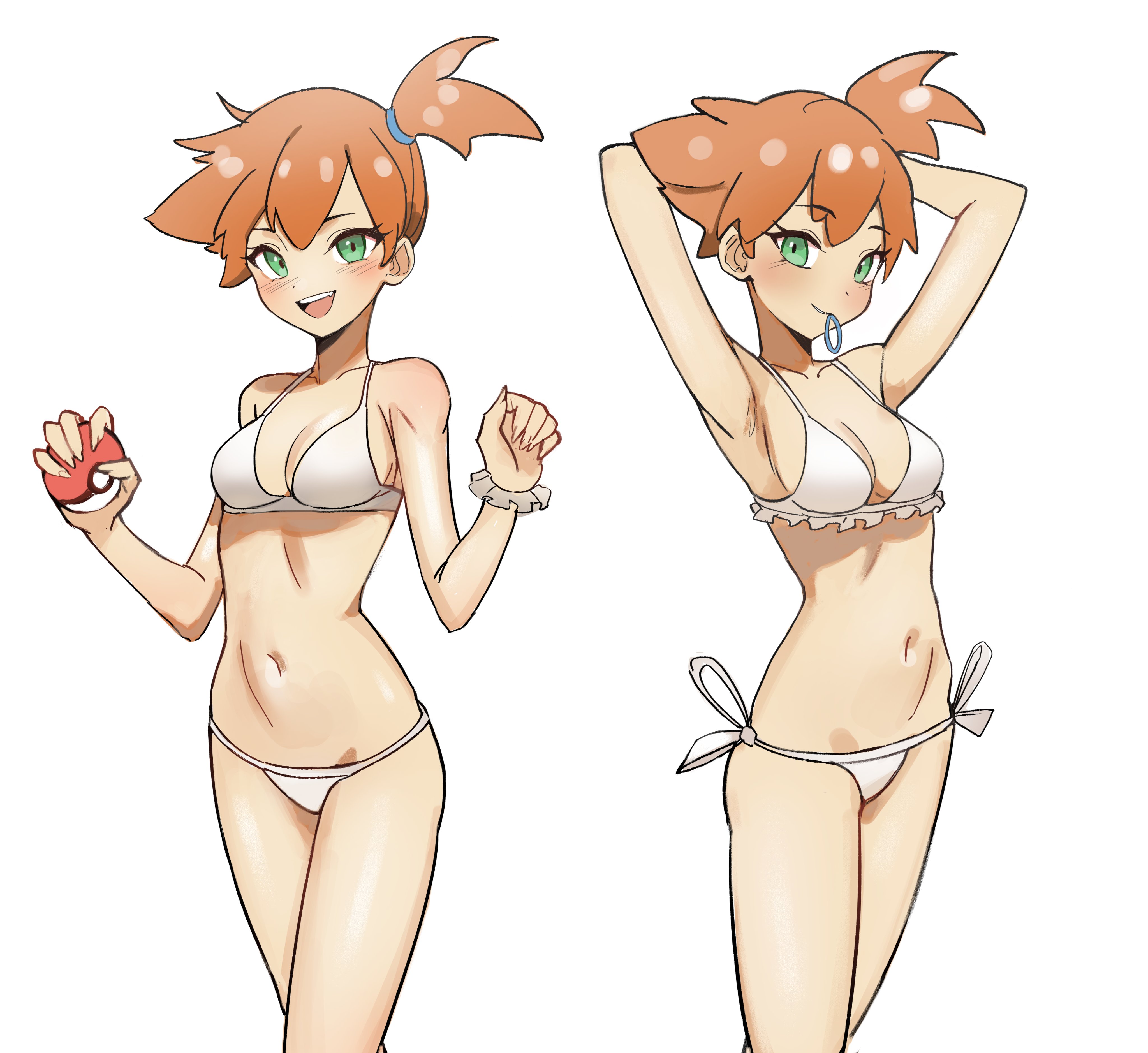 1girls, already uploaded, armpits, arms up, asymmetrical hair, bikini, bikini top, blush, breasts, female, female only, green eyes, high resolution, kasumi (pokemon), kiritzugu, looking at viewer, medium breasts, nintendo, no nose, poke ball, pokemon, pokemon rgby, ponytail, side ponytail, solo, swimsuit, tied hair, tummy, very high resolution, white background, white bikini, white swimsuit, wide hips