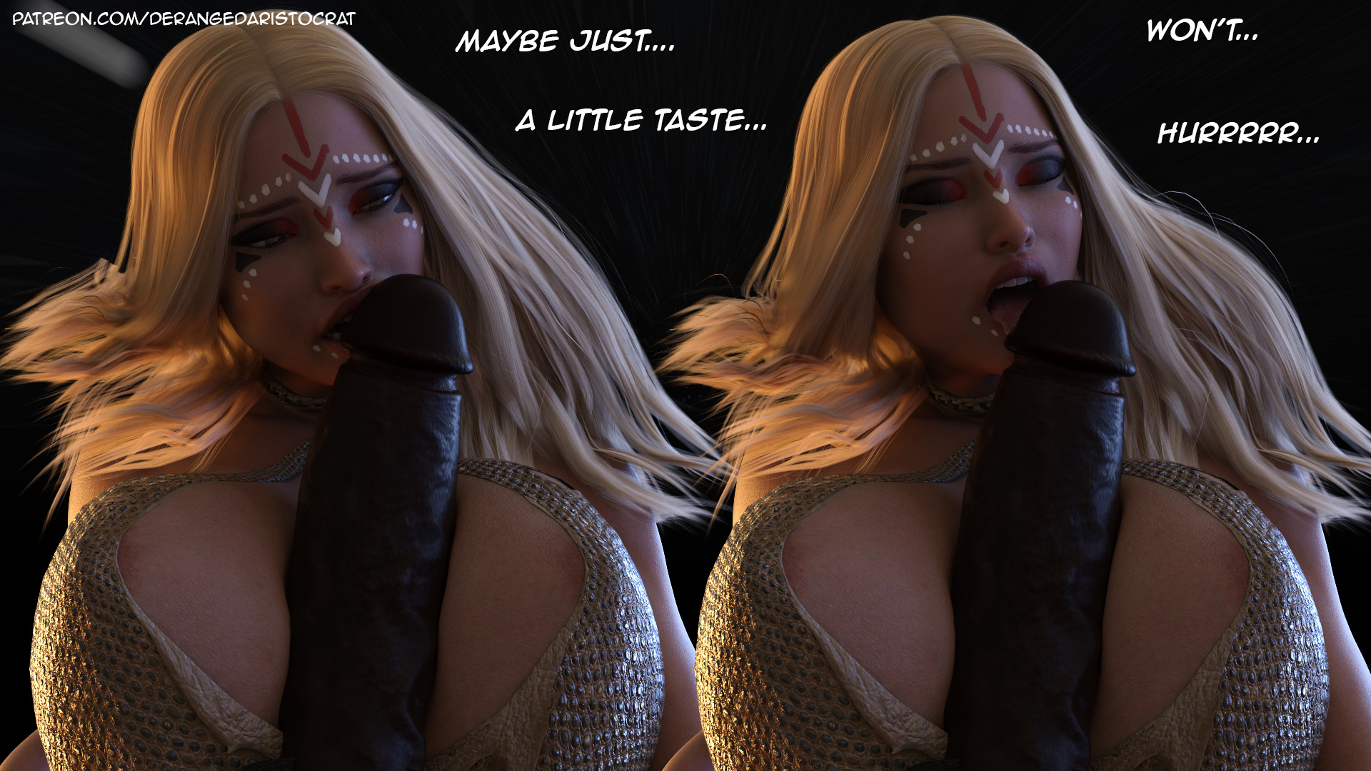 1boy, 1girls, 3d, big penis, blonde, blonde hair, bra, breasts, cleavage, dark skin, dark-skinned male, derangedaristocrat, female, huge breasts, huge cock, interracial, large breasts, licking, licking penis, male, nikki (derangedaristocrat), oppai, penis