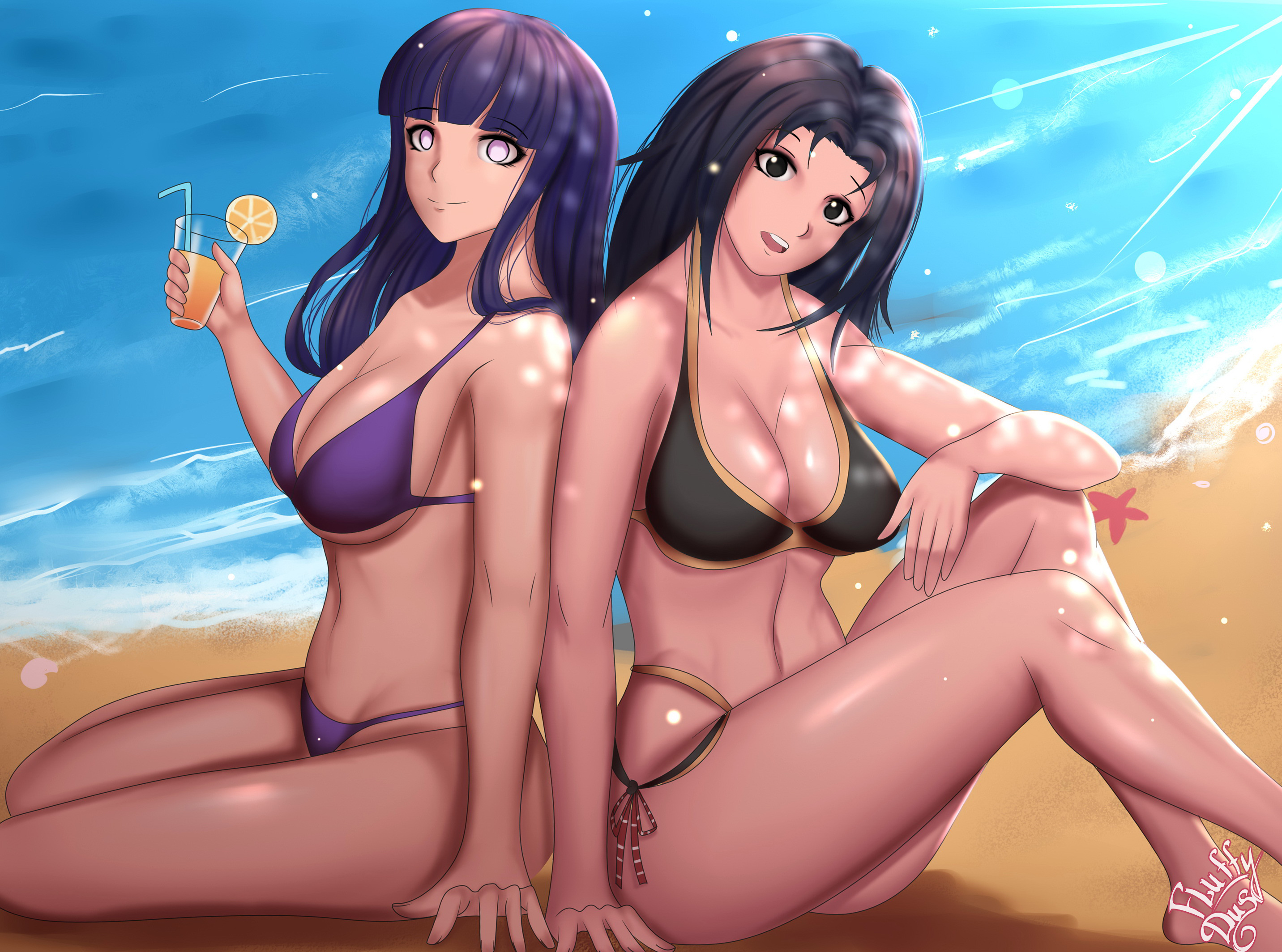 2girls, back to back, barefoot, beach, big breasts, black eyes, black hair, breasts, cleavage, drink, feet, female, female only, fluffydus, genderswap, genderswap (mtf), glass, holding object, hyuuga hinata, juice, long hair, looking at viewer, naruto, naruto (series), naruto shippuden, ocean, open mouth, orange juice, purple hair, rule 63, sand, sasuke uchiha, sasuko, sexy no jutsu, sitting, smile, uchiha sasuke, violet eyes, water