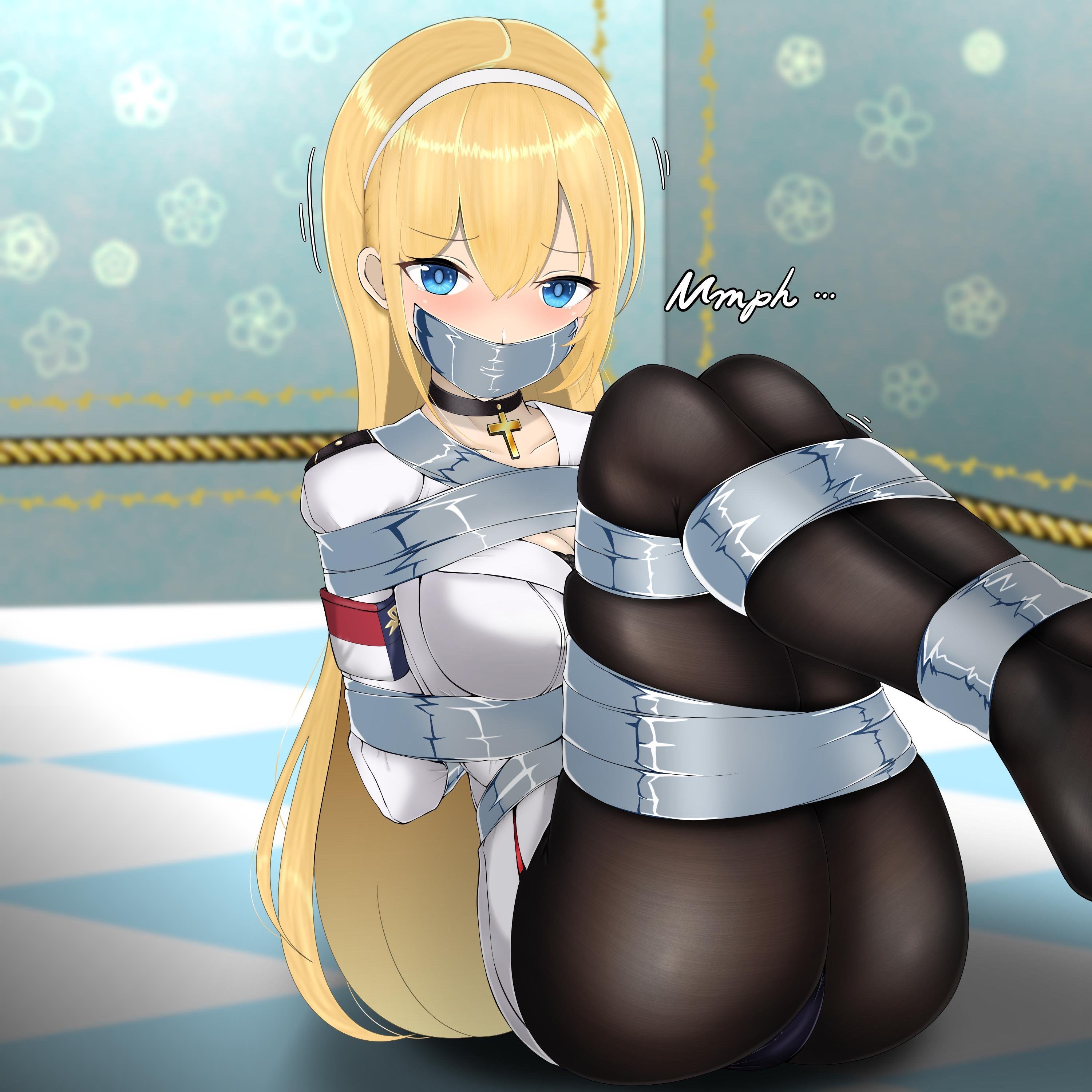azur lane, bondage, bound, duct tape, female, femsub, fully clothed, gag, gagged, north carolina (azur lane), pantyhose, restrained, tape, tape gag, taped, taped mouth, tied, tied up