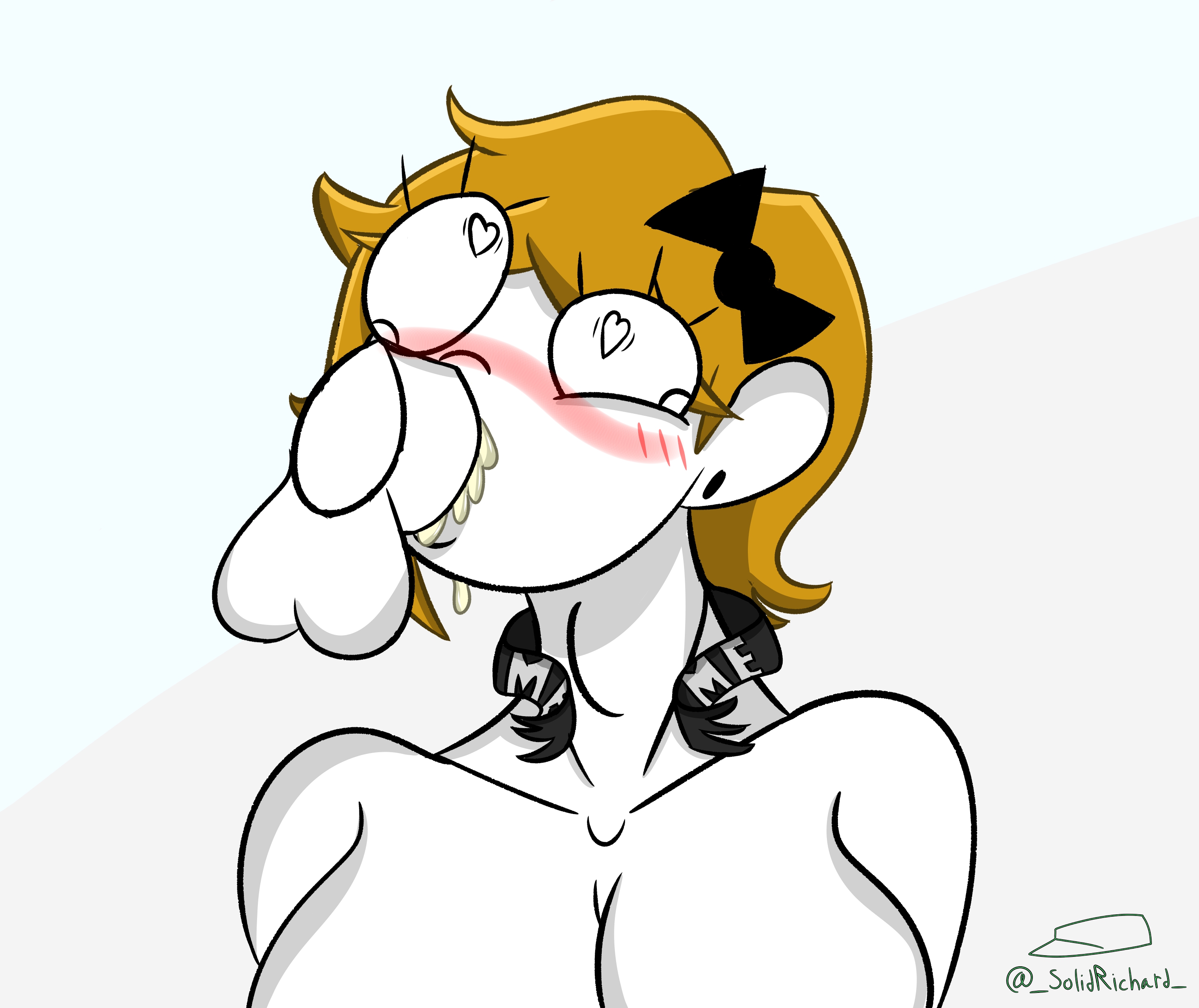 1boy, 1girls, 2020, absurd res, alternate breast size, artist logo, artist name, balls, big breasts, black choker, black ribbon, blonde hair, blush, breasts, choker, choker snapping, completely nude, cum, cum in mouth, cum in throat, cum inside, deepthroat, deepthroat no hands, derp eyes, derpina, digital media (artwork), disembodied penis, dripping, dripping cum, ejaculation, female, gag, gagging, hair ribbon, heart-shaped pupils, hi res, male, meme, nude, nude female, offscreen male, oral, orange hair, penis, penis in mouth, rage comics, snap my choker, solidrich, swallowing bulge, swallowing penis while deepthroat, symbol-shaped pupils, testicles, throat bulge, twitter username, white background, white balls, white body, white breasts, white penis, white skin