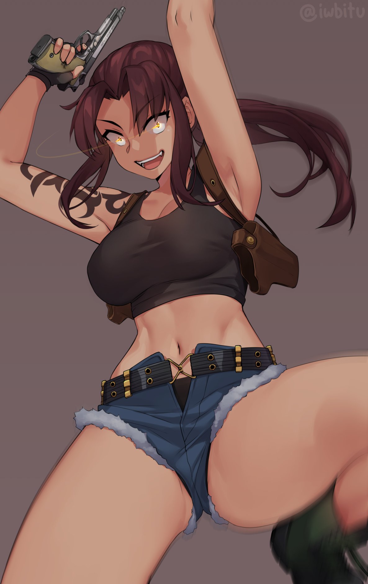 1girls, big breasts, black lagoon, breasts, cleavage, female, female only, iwbitu, large breasts, looking at viewer, revy, shorts, solo, spread legs