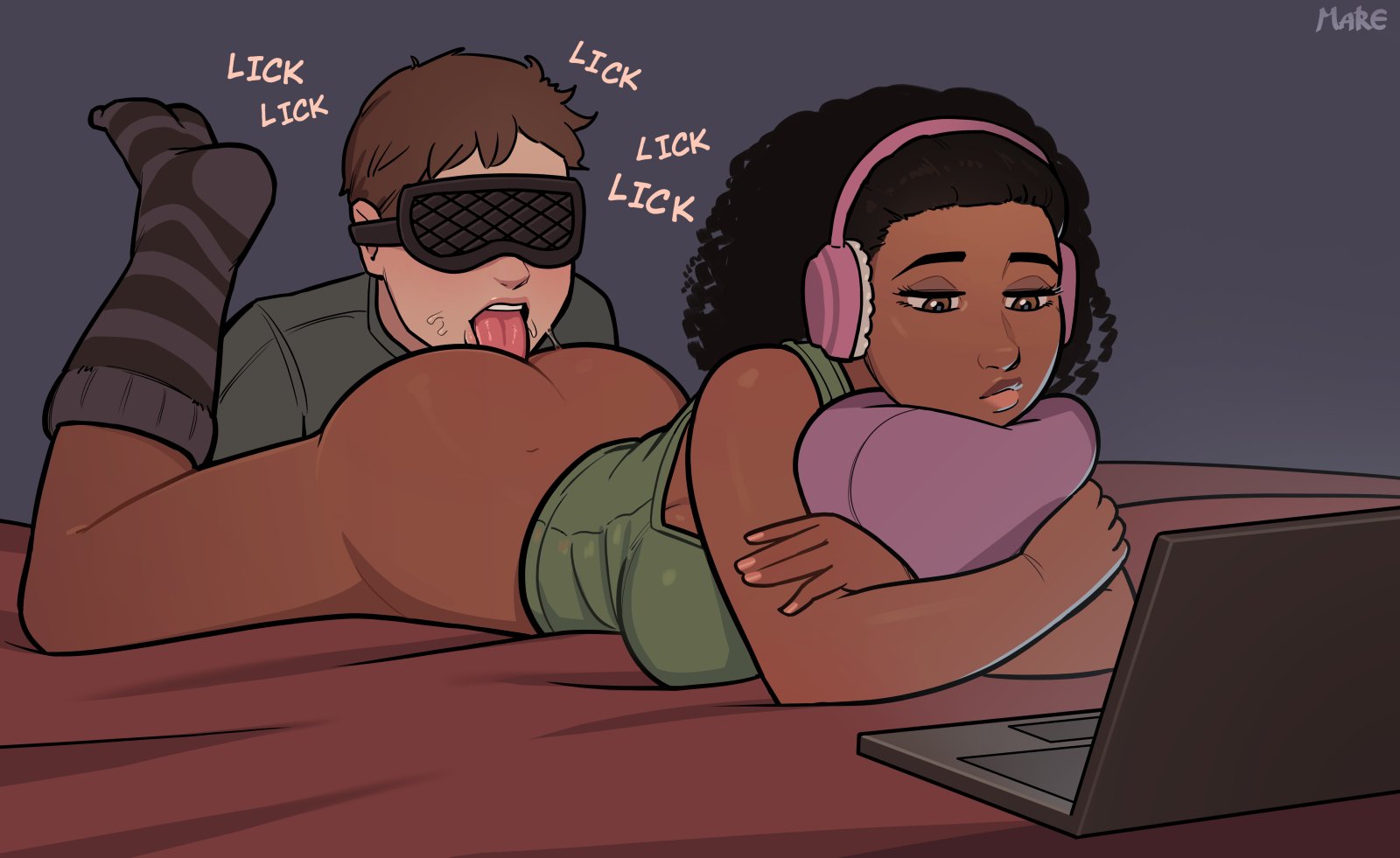 1boy, 1girls, anal, anilingus, ass, blindfold, bored, brown eyes, dark skin, dark-skinned female, disinterested, disinterested sex, distracted, eating pussy, female, headphones, interracial, laptop, larger female, licking, licking ass, licking pussy, male, malesub, mare ten, multitasking, pussy, saliva, size difference, smaller male, uninterested, watching tv