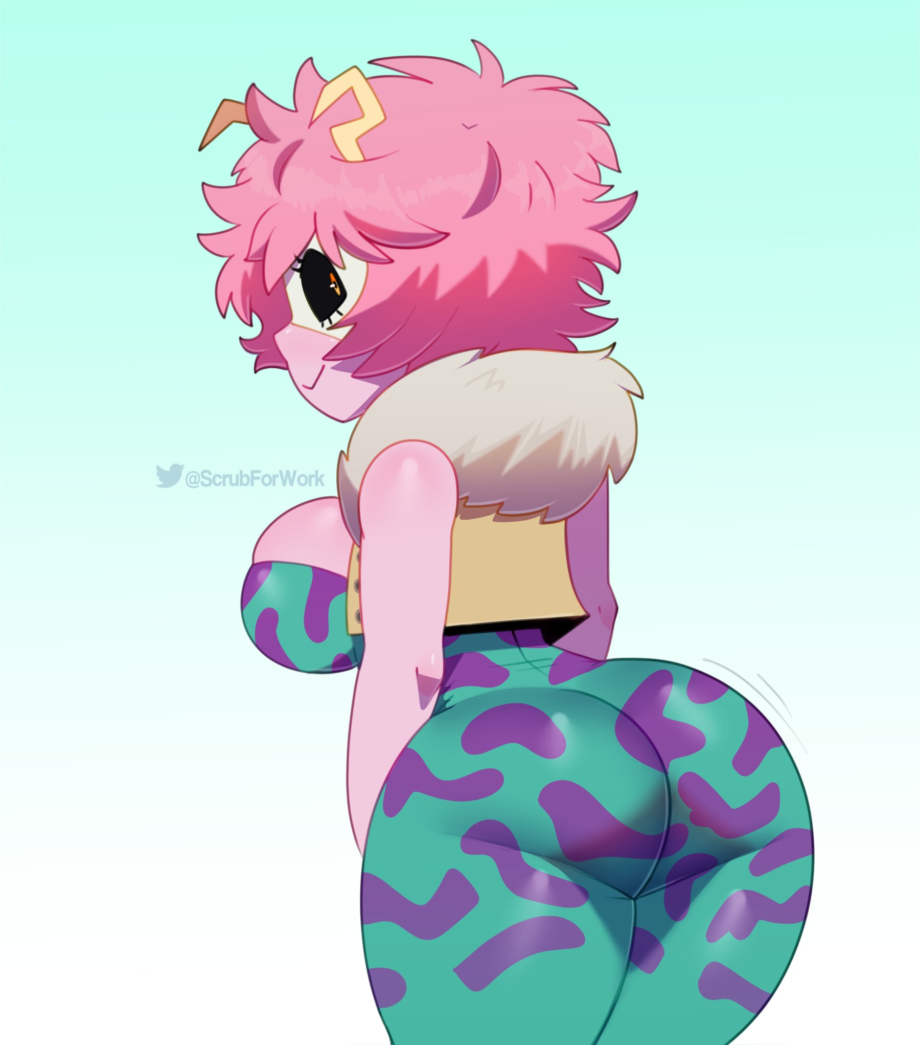 1girls, artist name, ass, ass focus, ass out, ass shake, big ass, big breasts, big butt, bimbo, black sclera, breasts, bubble ass, bubble butt, busty, butt focus, cute, female, female only, hero outfit (mha), horns, huge breasts, large ass, large breasts, looking at viewer, looking back, mask, mina ashido, my hero academia, orange pupils, pink skin, plain background, presenting, presenting hindquarters, slim waist, smile, solo, somescrub, teenager, thick ass, thick thighs, thighs, wide hips