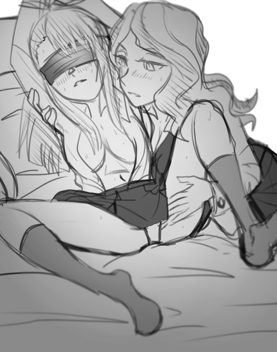 akko_kagari arms_above_head arms_up bed bed_sheet blindfold blush bondage cleavage diakko diana_cavendish femdom little_witch_academia long_hair mac_a monochrome navel no_bra open_clothes open_shirt pillow skirt socks spread_legs white_background yuri