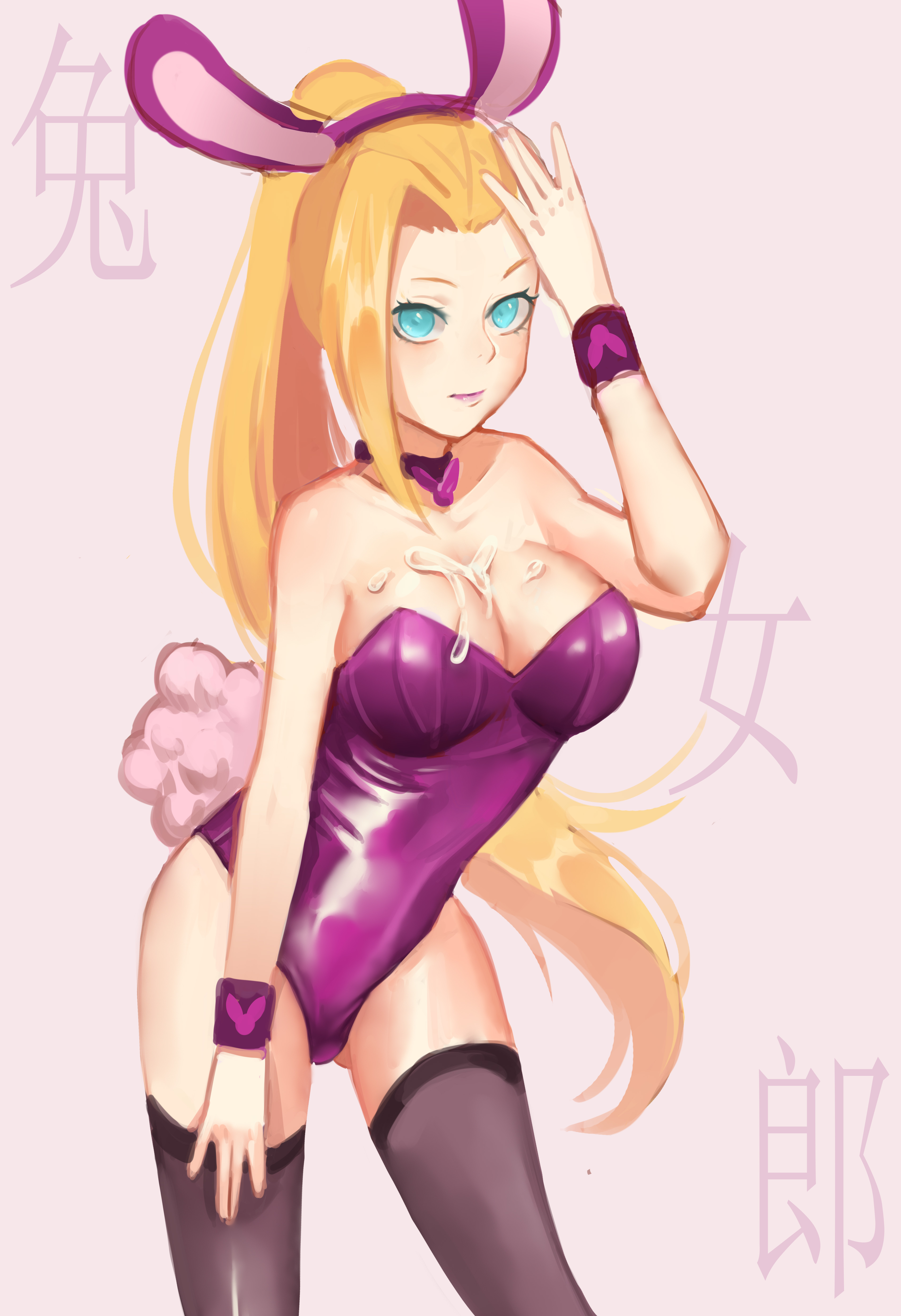 1girls, bare shoulders, blonde hair, blue eyes, breasts, bunny ears, bunny girl, bunny tail, bunnysuit, cleavage, cum, cum on chest, detached collar, detached sleeves, fake animal ears, female, female only, hairband, ino yamanaka, naruto, naruto (series), naruto shippuden, solo, stockings