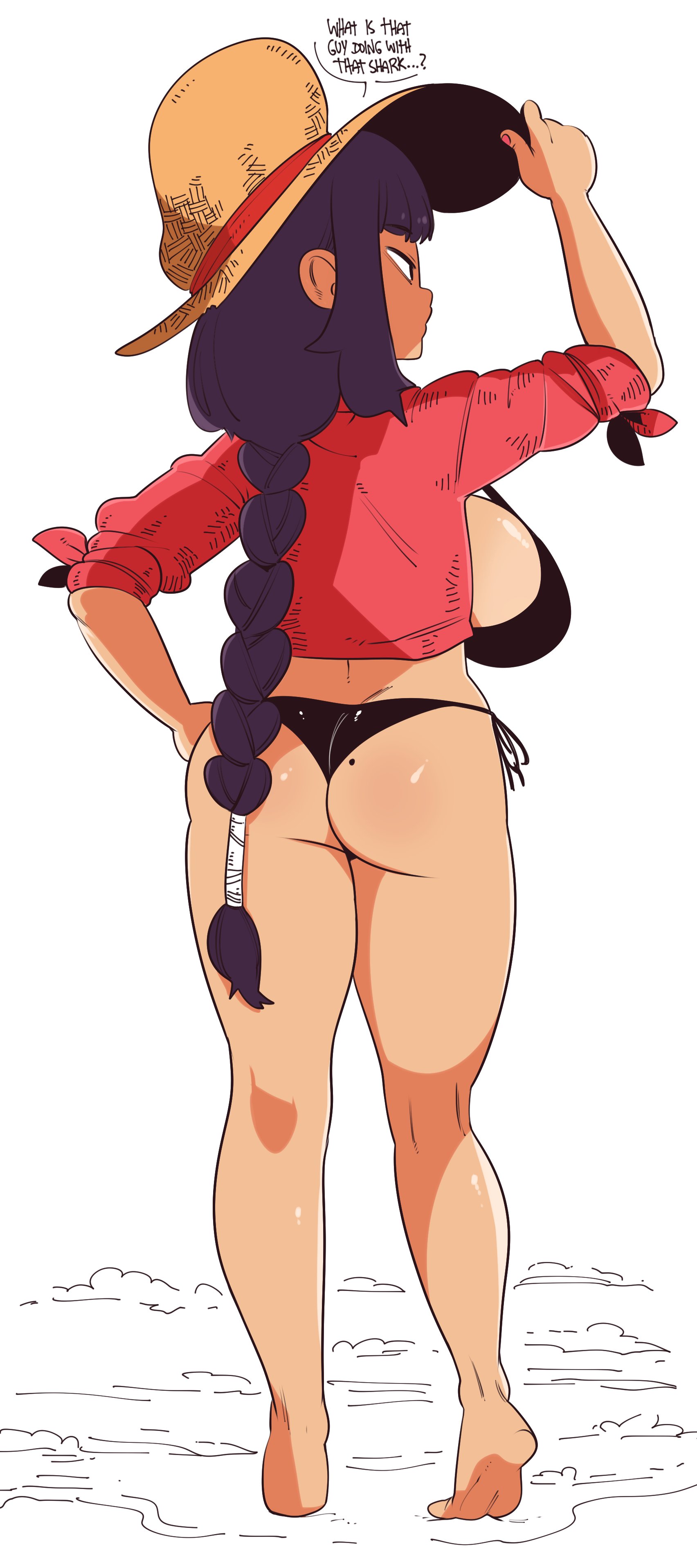 1girls, ass, big ass, big breasts, bikini, bikini bottom, bikini top, braided hair, braided ponytail, breasts, command grab, english text, female, female focus, female only, huge breasts, nuclearwasabi, pony tail, ponytail, purple hair, sideboob, solo, solo female, text