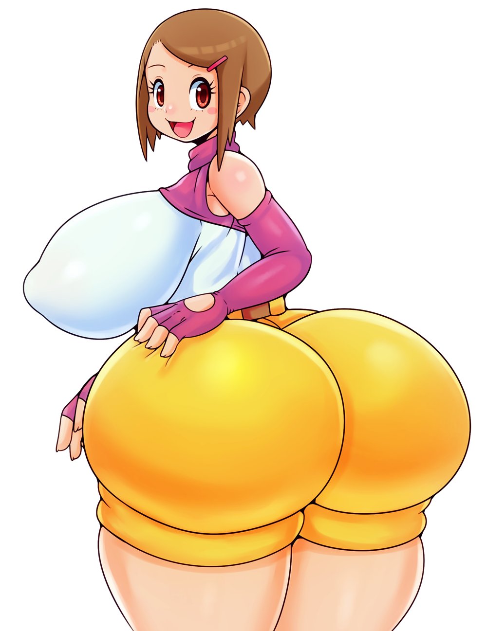 1girls, aged up, ass, bandai namco, big ass, big breasts, breasts, brown eyes, brown hair, bubble ass, bubble butt, digimon, female, female only, fingerless gloves, hikari yagami, huge ass, huge breasts, human, hyper ass, large ass, large breasts, light skin, light-skinned female, massive ass, matospectoru, nipple bulge, nipple slip, pale skin, pale-skinned female, short hair, shorts, thick thighs, thighs, tight shorts, voluptuous, white background