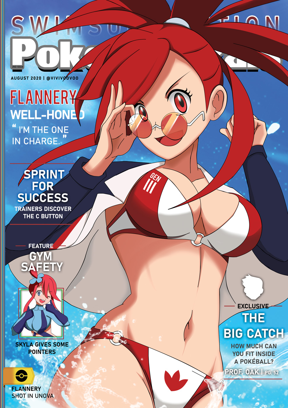 2girls, adjusting eyewear, adjusting glasses, bikini, breasts, cleavage, english text, fashion model, female, female focus, female only, flannery (pokemon), gym leader, hair ornament, human, large breasts, looking at viewer, looking over eyewear, looking over glasses, magazine cover, medium breasts, model, modeling, navel, nintendo, open mouth, pageantry, pokemon, realistic breast size, realistic proportions, red eyes, red hair, red-tinted eyewear, skyla (pokemon), smile, sunglasses, supermodel, text, tinted eyewear, vivivoovoo