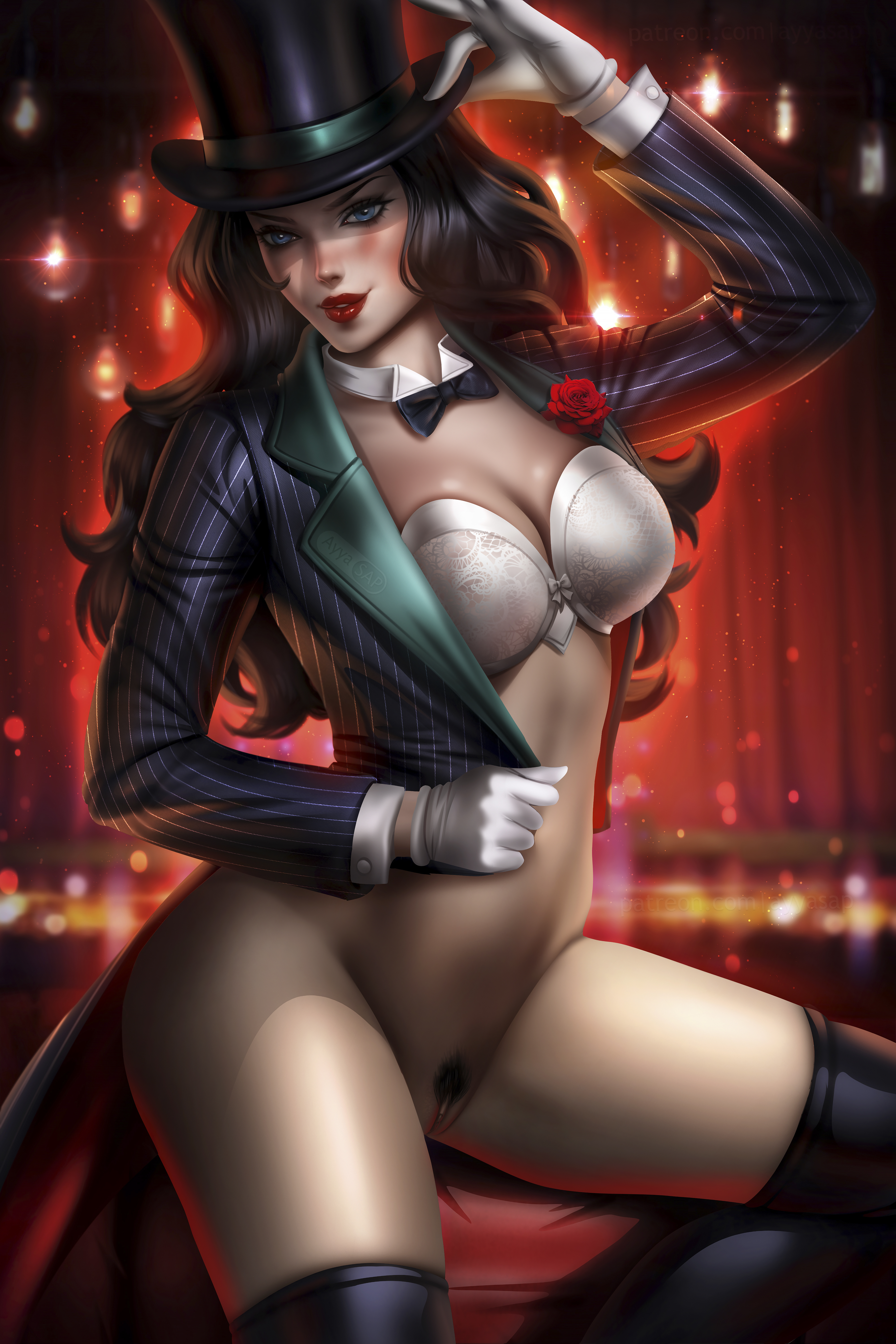 1girls, ayyasap, black hair, blue eyes, bottomless, clitoris, dc, dc comics, female, female only, magician, pubic hair, pussy, red lipstick, solo, straight hair, vagina, zatanna, zatanna zatara