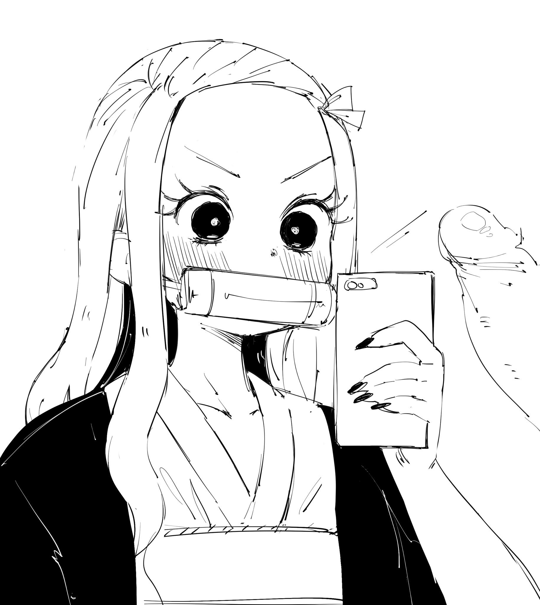 big penis, blush, cellphone, cellphone picture, coffing (artist), demon, demon girl, demon slayer, disembodied penis, erect penis, excited, female, gag, haori, japanese clothes, kamado nezuko, kimetsu no yaiba, kimono, long fingernails, long hair, looking at partner, looking at penis, male, painted nails, penis, solo, wide eyed