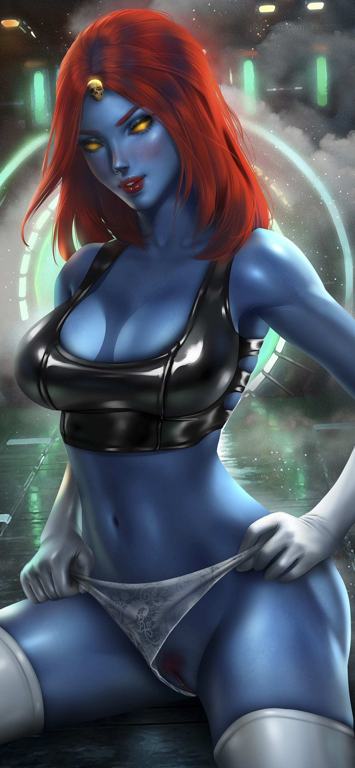 1girls, ayyasap, blue skin, female, female only, marvel, marvel comics, mutant, mystique, pubic hair, pussy, pussy peek, raven darkholme, red hair, red lipstick, solo, vagina, x-men, yellow eyes
