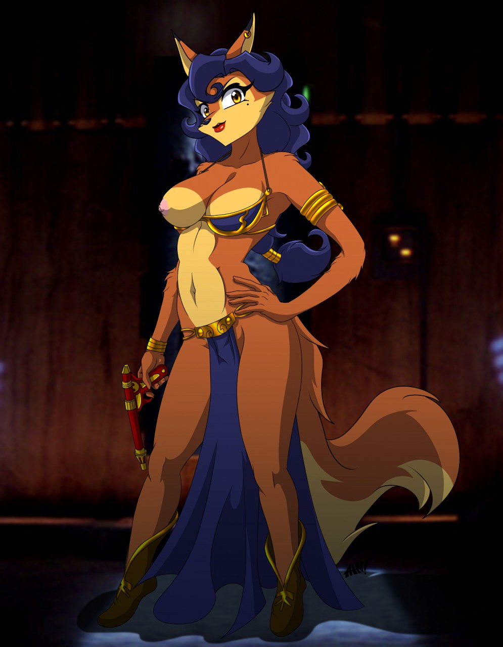 amber_eyes armband belly_dancer belly_dancer_outfit boots carmelita_fox dancer dancer_outfit dark_blue_hair female fox_ears fox_girl fox_tail fur furry gun hand_on_hip large_breasts loincloth looking_at_viewer lost_clothes maverikat one_breast_out slave slave_bikini slave_leia_(cosplay) sly_cooper_(series) smooth_fur wardrobe_malfunction