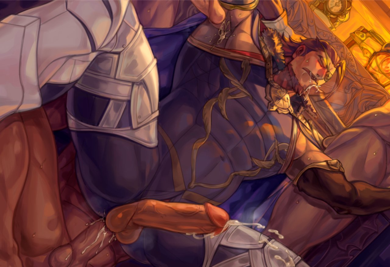 4boys anal armor armpit_sex armpits bara beard blush brown_eyes brown_hair censored chest cum erect_while_penetrated erection eugen_(granblue_fantasy) eyepatch facial_hair fellatio gangbang gorokyu granblue_fantasy group_sex male_focus mosaic_censoring multiple_boys multiple_penises muscle open_mouth oral orgy penis sex short_hair solo_focus testicles thick_thighs thighs yaoi