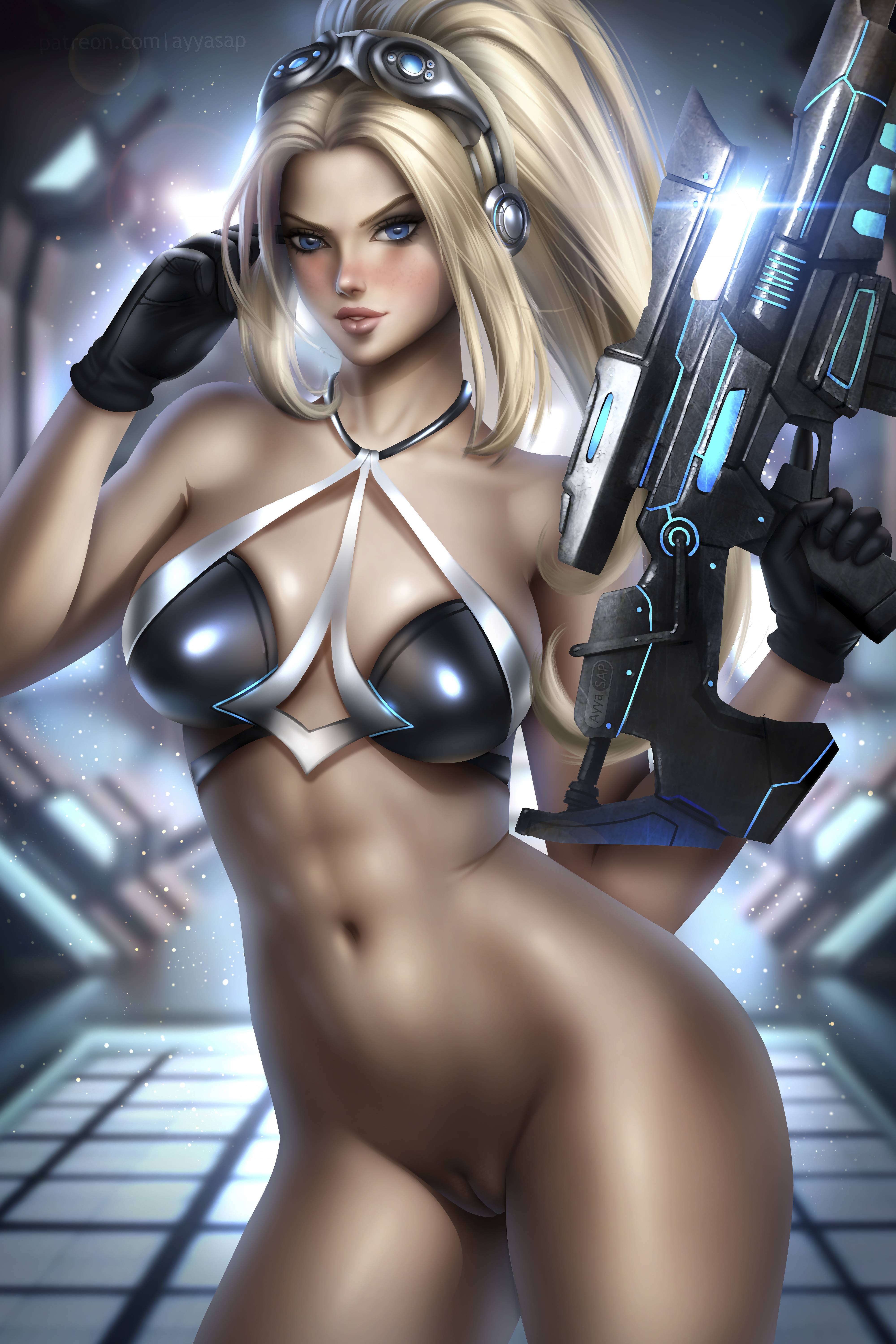 1girls, ayyasap, blonde hair, blue eyes, bottomless, breasts, eyewear on head, female, female only, ghost (starcraft), gloves, innie pussy, nova (starcraft), pussy, shaved pussy, solo, solo female, starcraft, terran, vagina, weapon