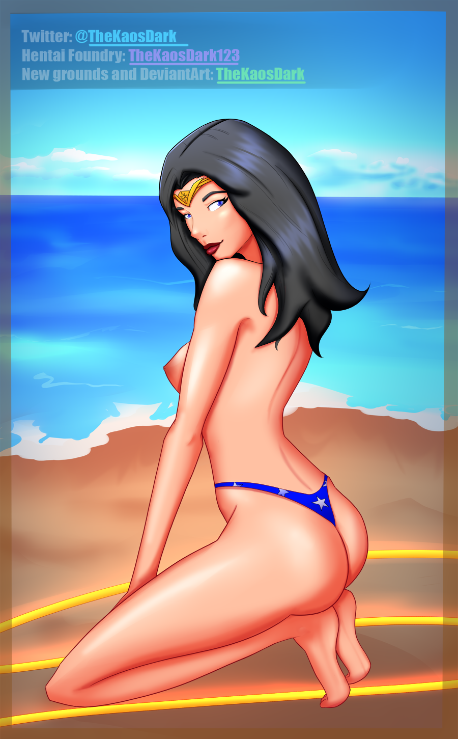 1girls beach breasts dc dc_comics diana_prince female pinup star thekaosdark thong wonder_woman wonder_woman_(series)