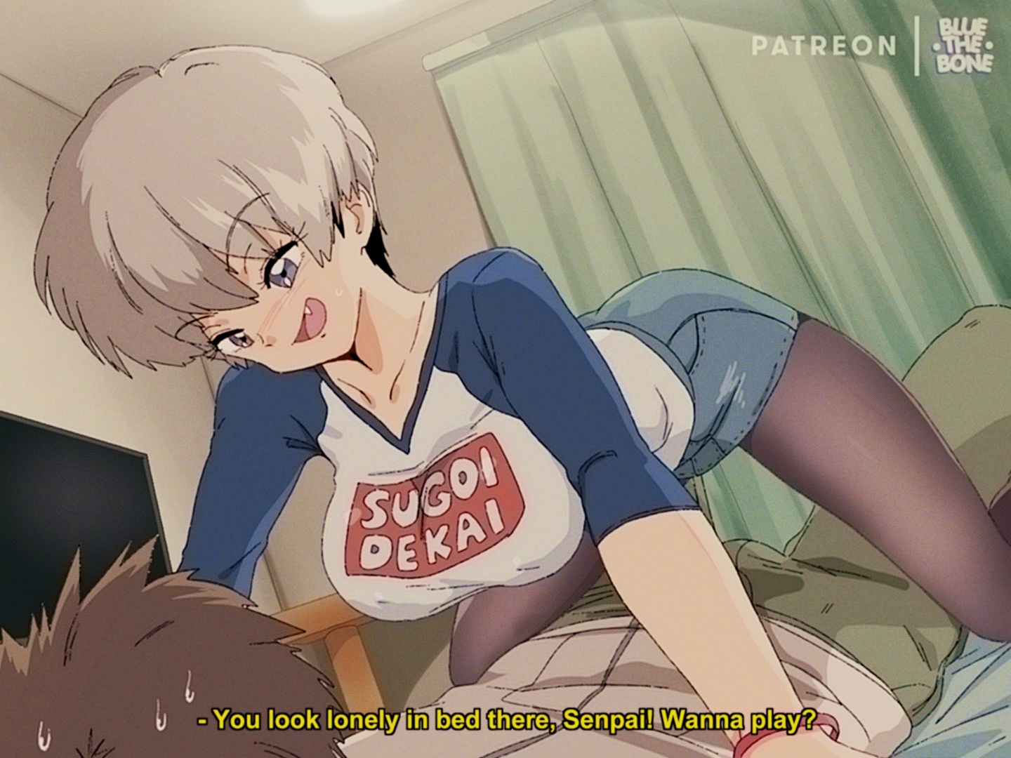 1boy, 1girls, all fours, big breasts, blonde hair, blue eyes, bluethebone, bottomwear, breasts, cleavage, clothing, cute, cute fang, dialogue, dirty talk, eyelashes, female, fringe, grey hair, inviting, inviting to sex, large breasts, light skin, male, naughty face, pale skin, retro artstyle, sakurai shinichi, school uniform, schoolgirl, seductive, short hair, skirt, sweat, sweatdrop, t-shirt, teenager, text, topwear, two-tone hair, uzaki hana, uzaki-chan wa asobitai!