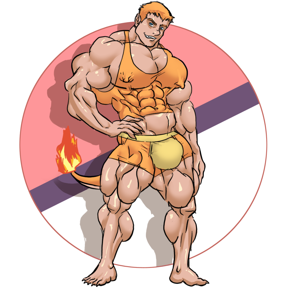 bara barely_clothed big_muscles bodybuilder charmander huge_pecs huge_thighs humanized male_only muk100 muscular_male nintendo pokémon_(species) pokemon tagme