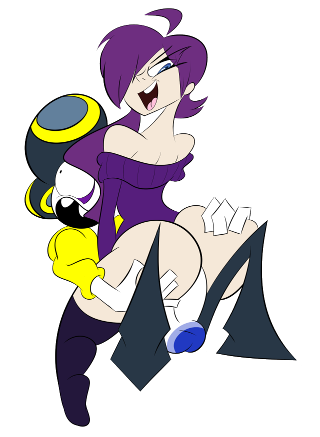 1boy 1girls anal anal_sex ass bare_shoulders blue_balls blue_eyes hat highres oboithisisfunky open_mouth pan_pizza pants penetration purple_hair rebeltaxi sweater thighhighs toony transparent_background white_skin zone-tan