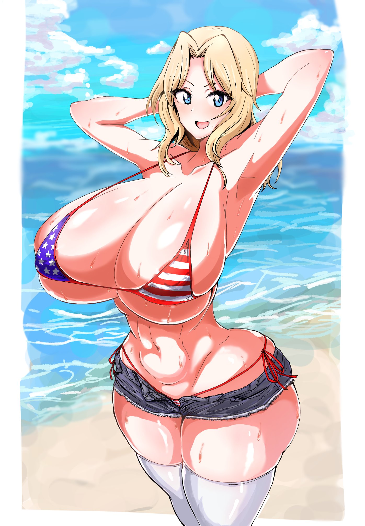 1girls, american flag, american flag bikini, armpits, artist request, beach, bikini, blue eyes, breasts, cleavage, eyebrows visible through hair, female, female only, flag print, girls und panzer, hands behind head, high resolution, huge breasts, kay (girls und panzer), large breasts, light skin, light-skinned female, looking at viewer, platinum blonde hair, short shorts, shorts, solo, sweat, swimsuit, tagme, thick thighs, thighhighs, wide hips