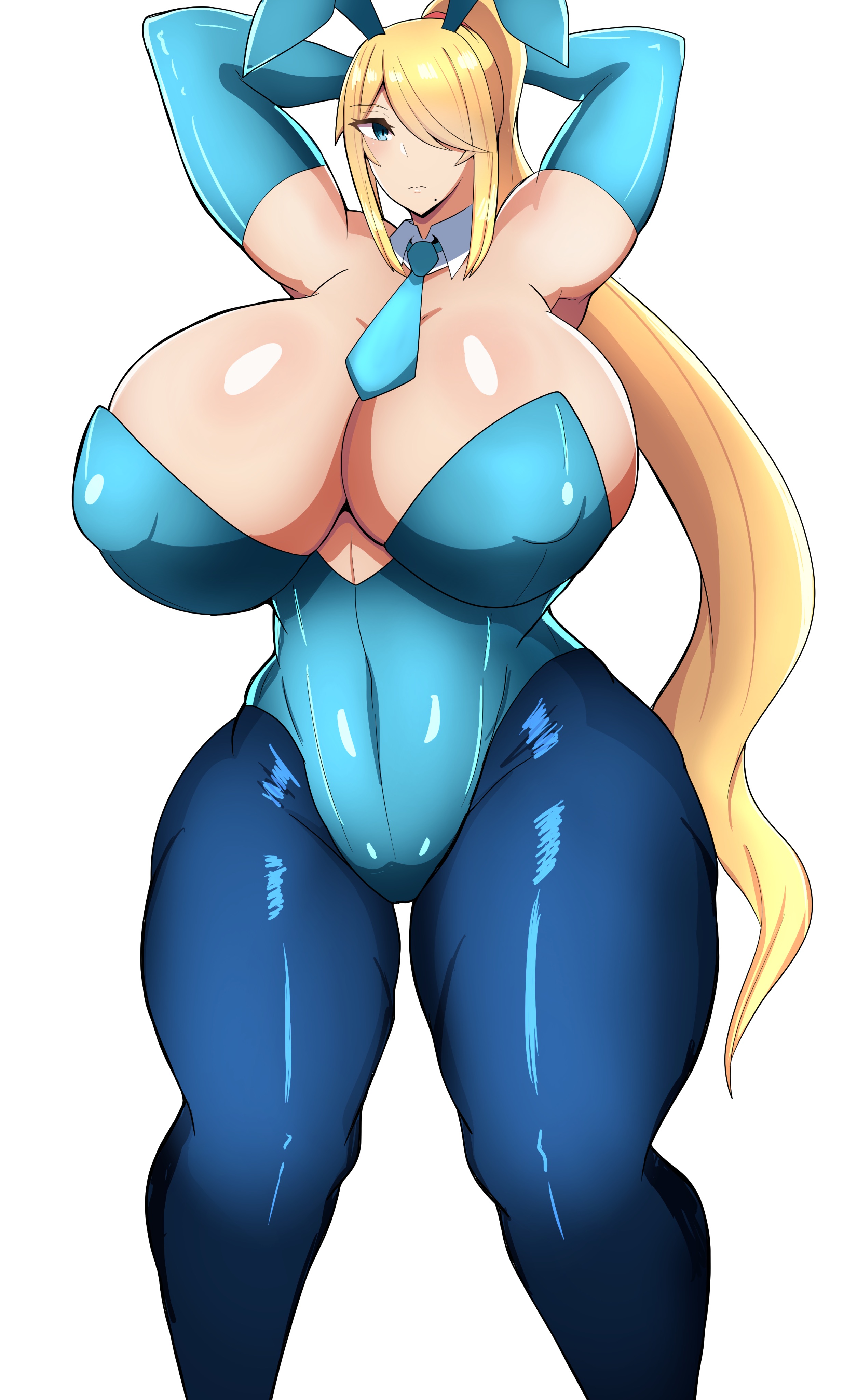 1girls, alternate breast size, ayamahi, big breasts, blue eyes, breasts, breasts bigger than head, bunny ears, bunnysuit, curvy figure, female, huge breasts, huge thighs, hyper breasts, large breasts, leotard, light skin, light-skinned female, metroid, nintendo, pale skin, pale-skinned female, ponytail, samus aran, shiny clothes, thick thighs, thighs, voluptuous, white background, wide hips