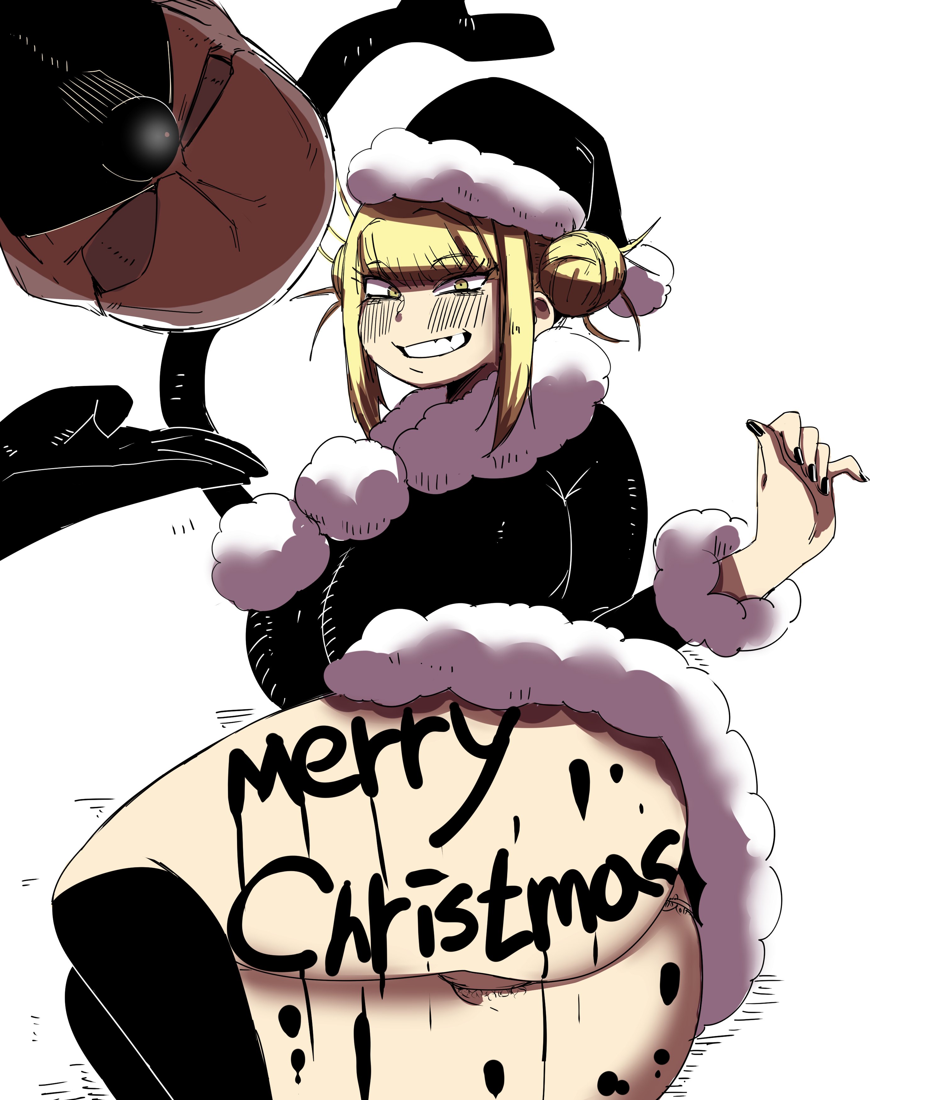 ass, big ass, big breasts, black santa, blonde hair, blush, body writing, breasts, bubaigawara jin, christmas, coffing (artist), english text, female, himiko toga, horns, jin bubaigawara, long hair, looking at viewer, my hero academia, no panties, reindeer costume, reindeer horns, santa costume, santa hat, smile, toga himiko, twice, wide hips, wide thighs, writing on ass, yellow eyes