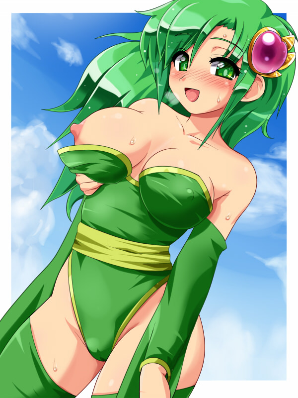 bare_shoulders blush breast_lift breast_slip breasts cleavage detached_sleeves erect_nipples female female_only final_fantasy final_fantasy_iv green_eyes green_hair hair_ornament human konpeto leotard long_hair naughty_face nipples one_breast_out open_mouth rydia smile solo sweat thighhighs