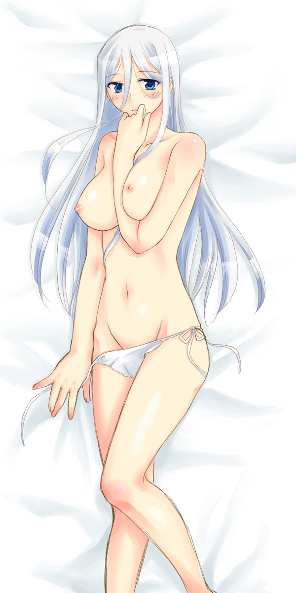 arm_between_breasts between_breasts blue_eyes blush body_pillow breasts dakimakura highres kisara large_breasts long_hair lying mound_of_venus moyasan nipples on_back panties side-tie_panties silver_hair topless underwear underwear_only yu-gi-oh! yuu-gi-ou yuu-gi-ou_duel_monsters