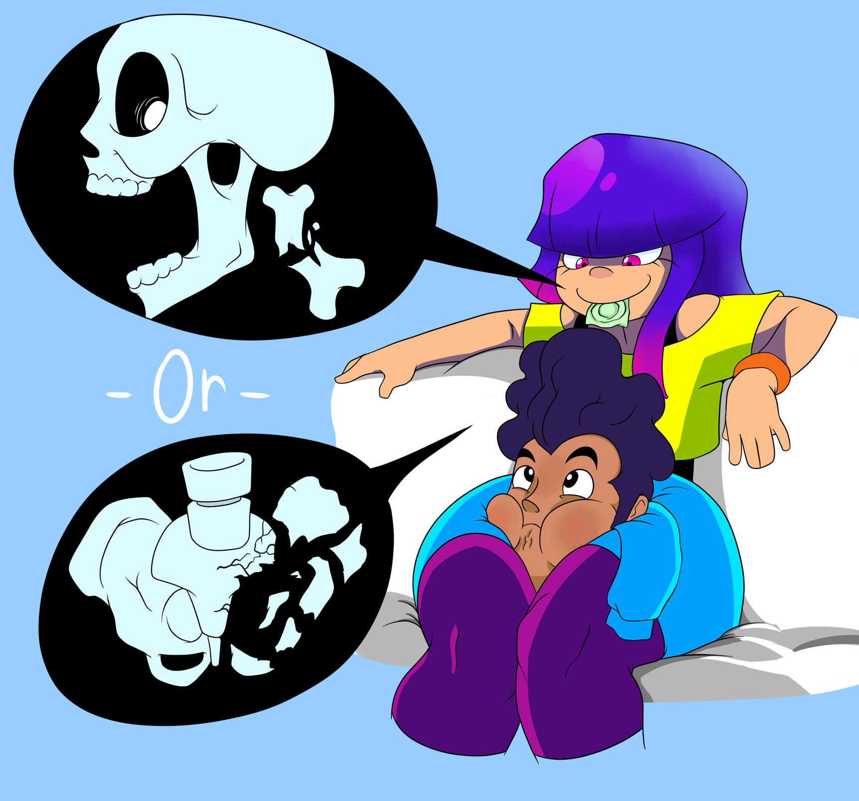 1boy, 1girls, 5 fingers, aged up, asphyxiation, ass, blush, bone, bracelet, clothed, condom, eyebrows, female, fingers, glitch techs, hair, happy, hector nieves, hi res, high resolution, huge ass, long hair, looking at each other, male, miko kubota, multicolored hair, short hair, smile, smooth skin, sofa, straight, strangling, thick thighs, thighs, wide hips