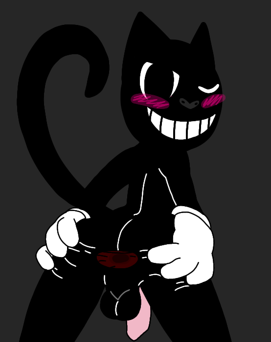 1boy asshole back_view backsack balls big_eyes black_eyes black_fur black_nose cartoon_cat cat_ears cat_tail cute feline_penis gay grabbing_ass legs_open riskaver_(artist) stretching_anus tail_up trevor_henderson white_gloves yaoi